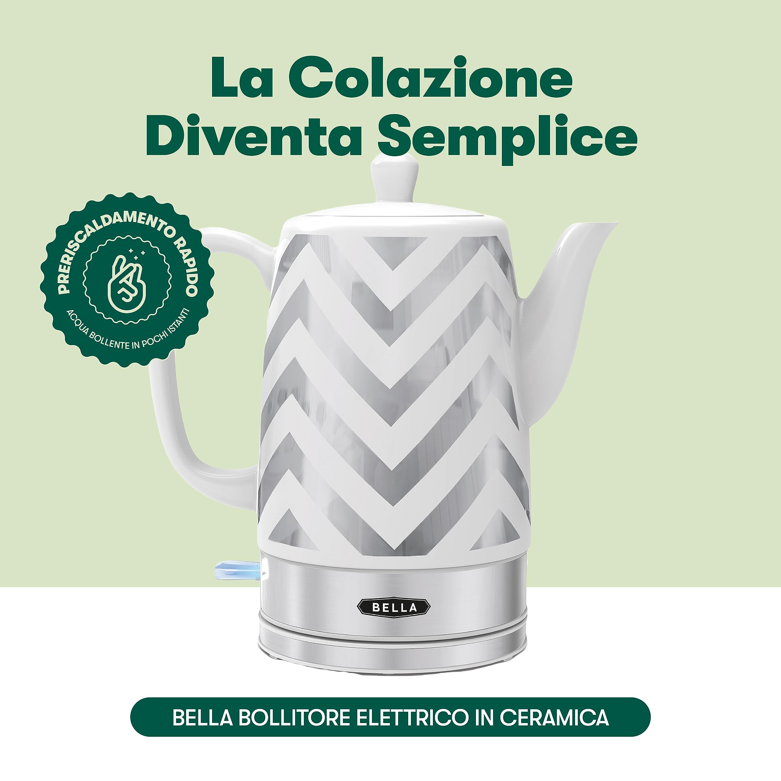 bella Bollitore Elettrico e Teiera in Ceramica con Base Girevole Rimovibile, Spegnimento Automatico e Protezione contro l'Ebollizione a Secco,1,5 L, Chevron Argento