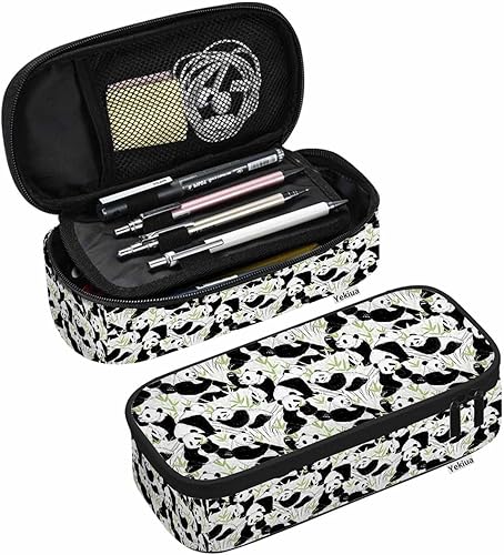 Pandas - Estuche de bambú para lápices de gran capacidad, para oficina, universidad, adultos, color negro y blanco