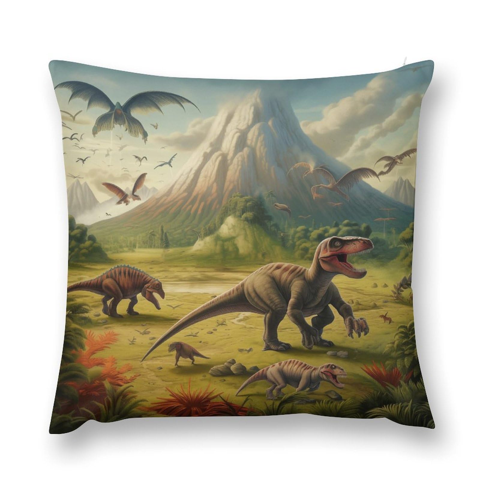 Dinosaur Throw Pillow Cover, Tropical Volcanic Forest Pillowcases Jungle Landscape Dinosaurs Dinos Animal Couch Sofa Cushion Case for Home Decor Kids Bed 18x18inch