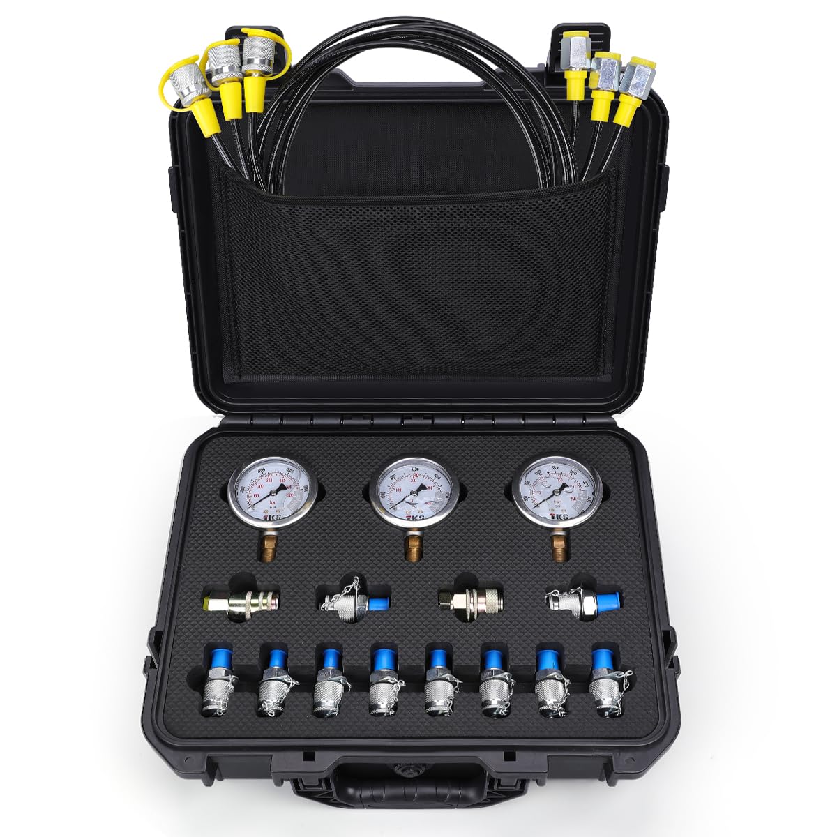 Hydraulic Pressure Test Kit，600bar /8700psi / 60mpa 3 Gauges 12 Tee Connectors 3 Test Hoses, Hydraulic Gauge Kit Sturdy Carrying Case for Excavator Construction Machinery Ships Mine (3 Gauges)