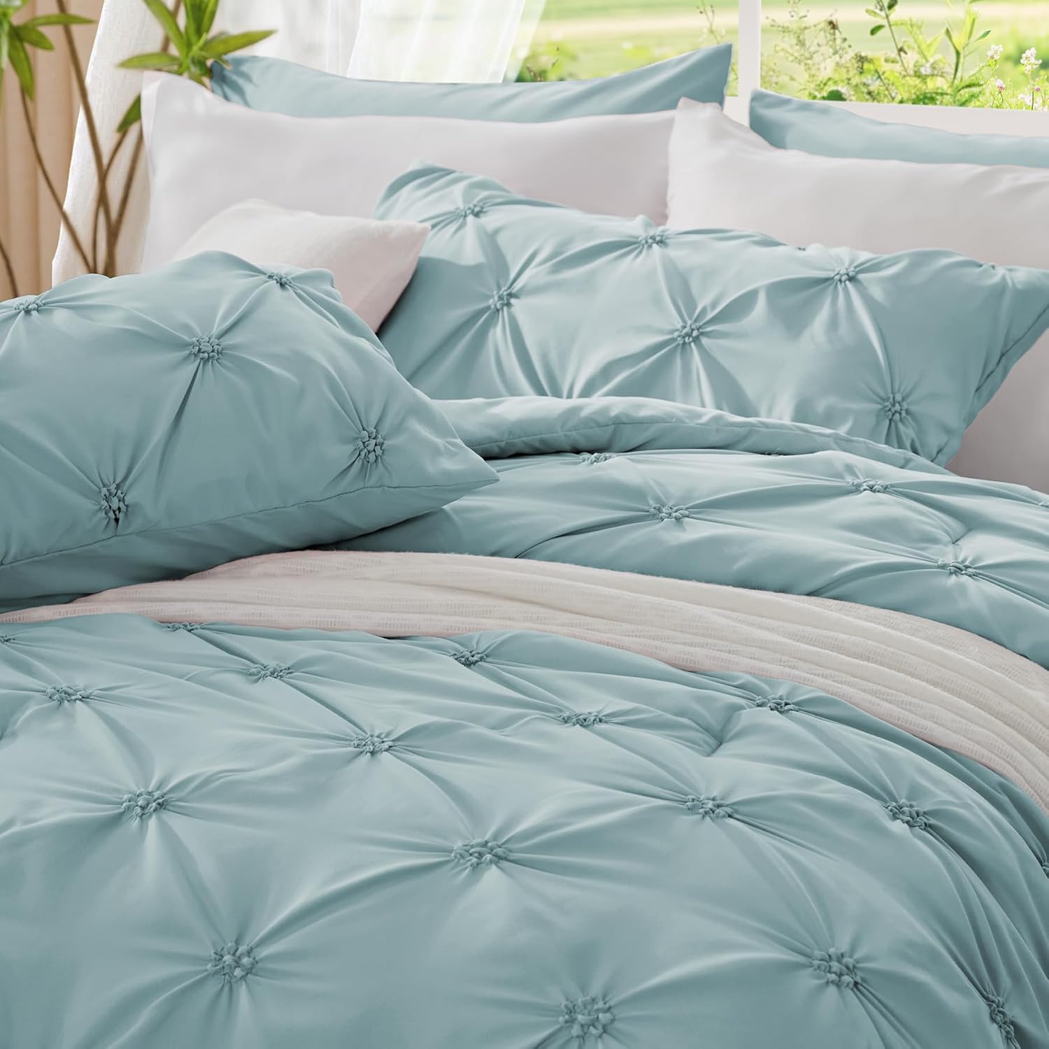 BEDELITE Dusty Blue Queen Comforter Set - 3 Pieces Boho Pintuck Bedding Comforter Sets, Lightweight Soft & Warm Bed Comforter Queen with 2 Pillowcases for All Season - Image 6
