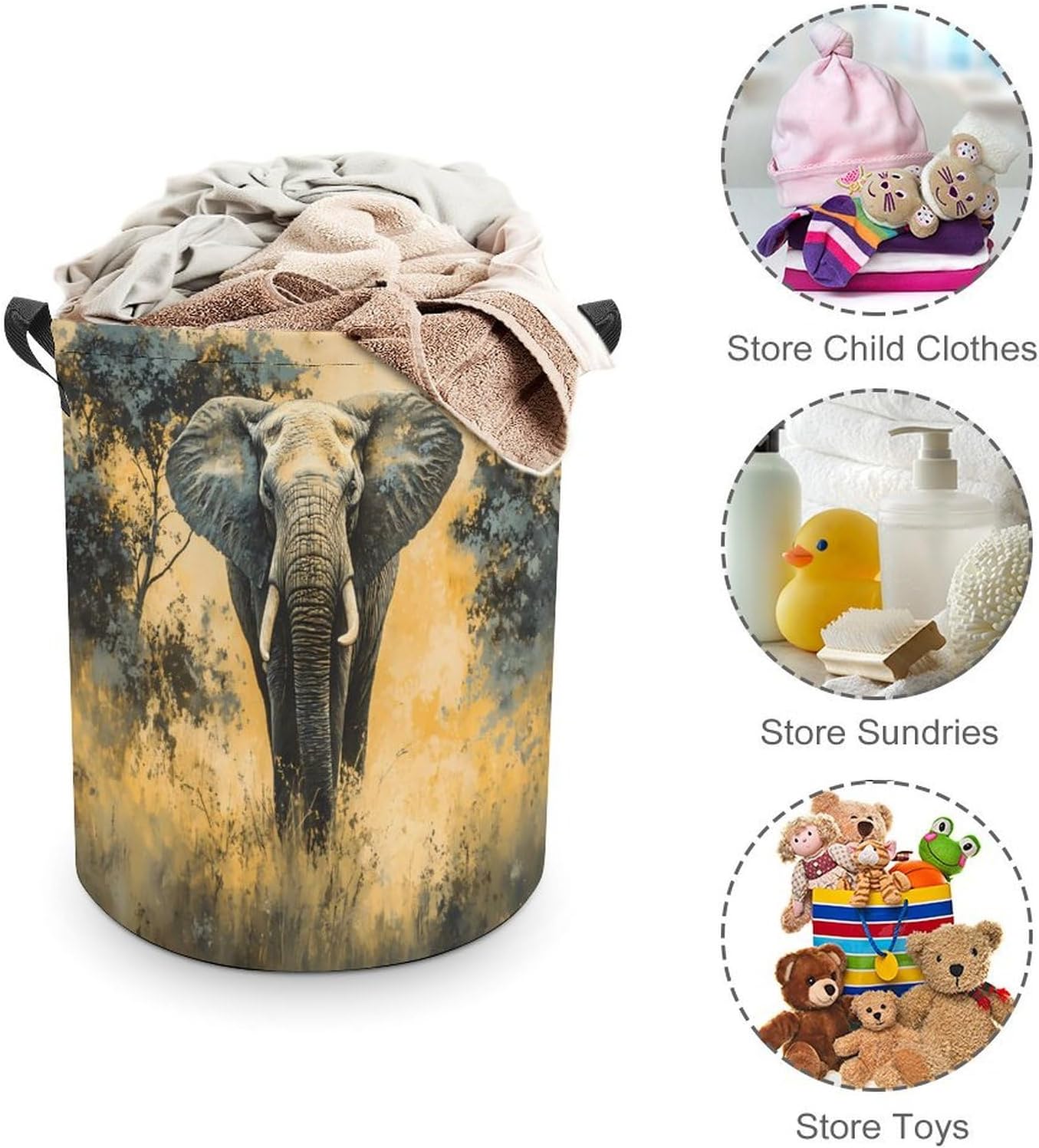 Elephants Ink Vintage Laundry Hamper Basket for Home Bathroom | clothes storage,handle,large capacity,oxford