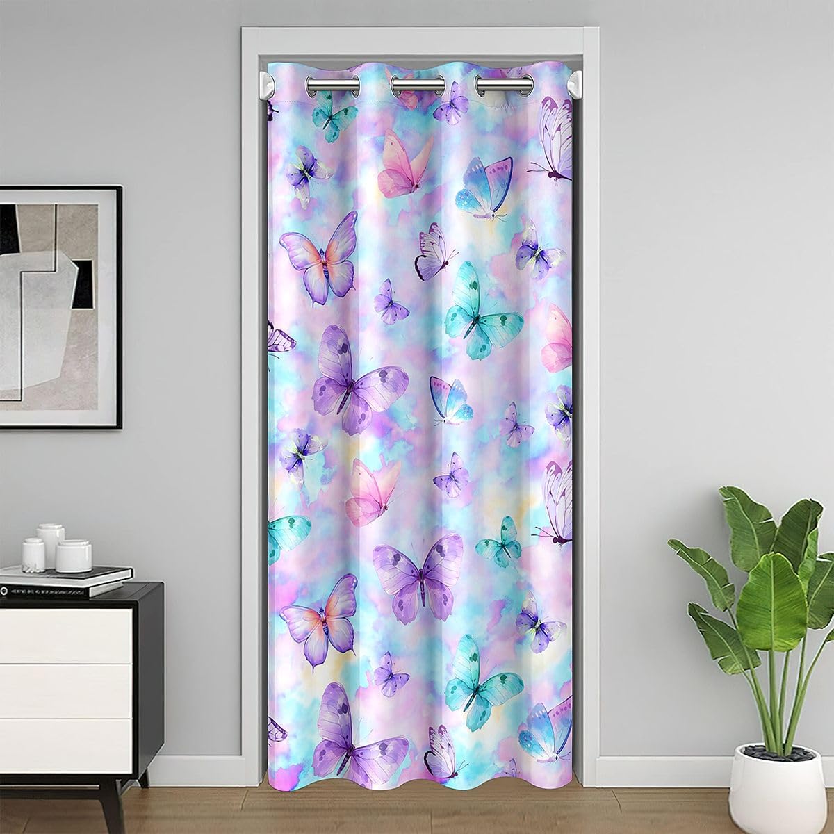 Colorful Butterfly Blackout Curtain 1 Panel, 34"x80" Tie Dye Butterfly Door Curtain for Doorway Privacy Purple Blue Butterfly Closet Door Cover Curtain for Bedroom Living Room Decor Window Treatment