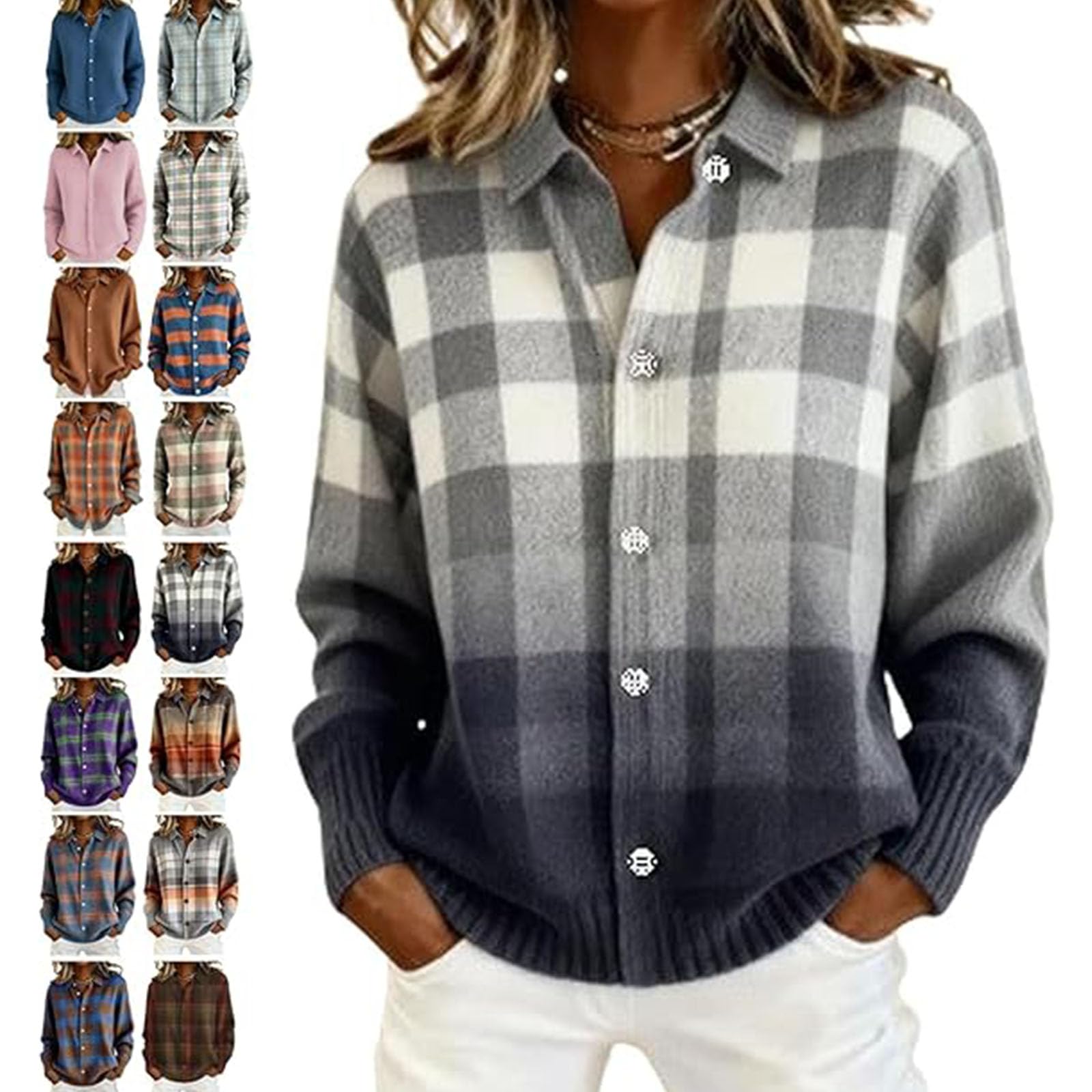 Womens Plaid Print Casual Cotton Buttoned Cardigan Sweater Plaid Knitted Collared Cardigan Cropped Cardigan Sweater