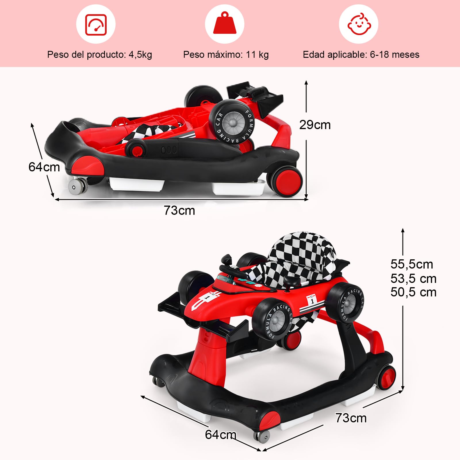 GOPLUS Andador Bebes 4 en 1, Andador Plegable con Altura Ajustable en 3 Niveles, Ruedas de Velocidad Regulable y Cojín Extraíble, Tacatá para Bebé 6-18 Meses con Luces, Música y Volante (Rojo) — view 7