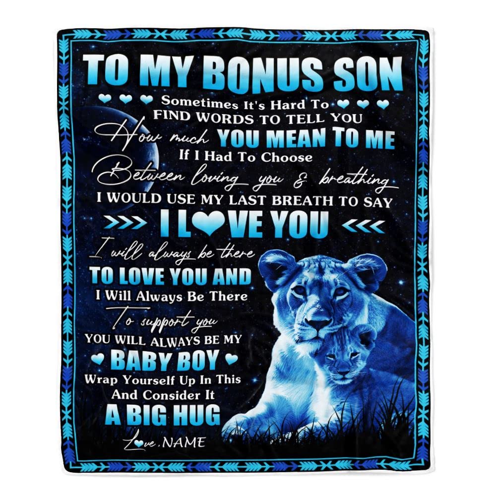 TeesNow Personalized to My Bonus Son Blanket from Stepmother You Mean to Me My Baby Boy Lion Stepdaughter Birthday Graduation Christmas Customized Fleece Blanket (30 x 40 in Baby Size)