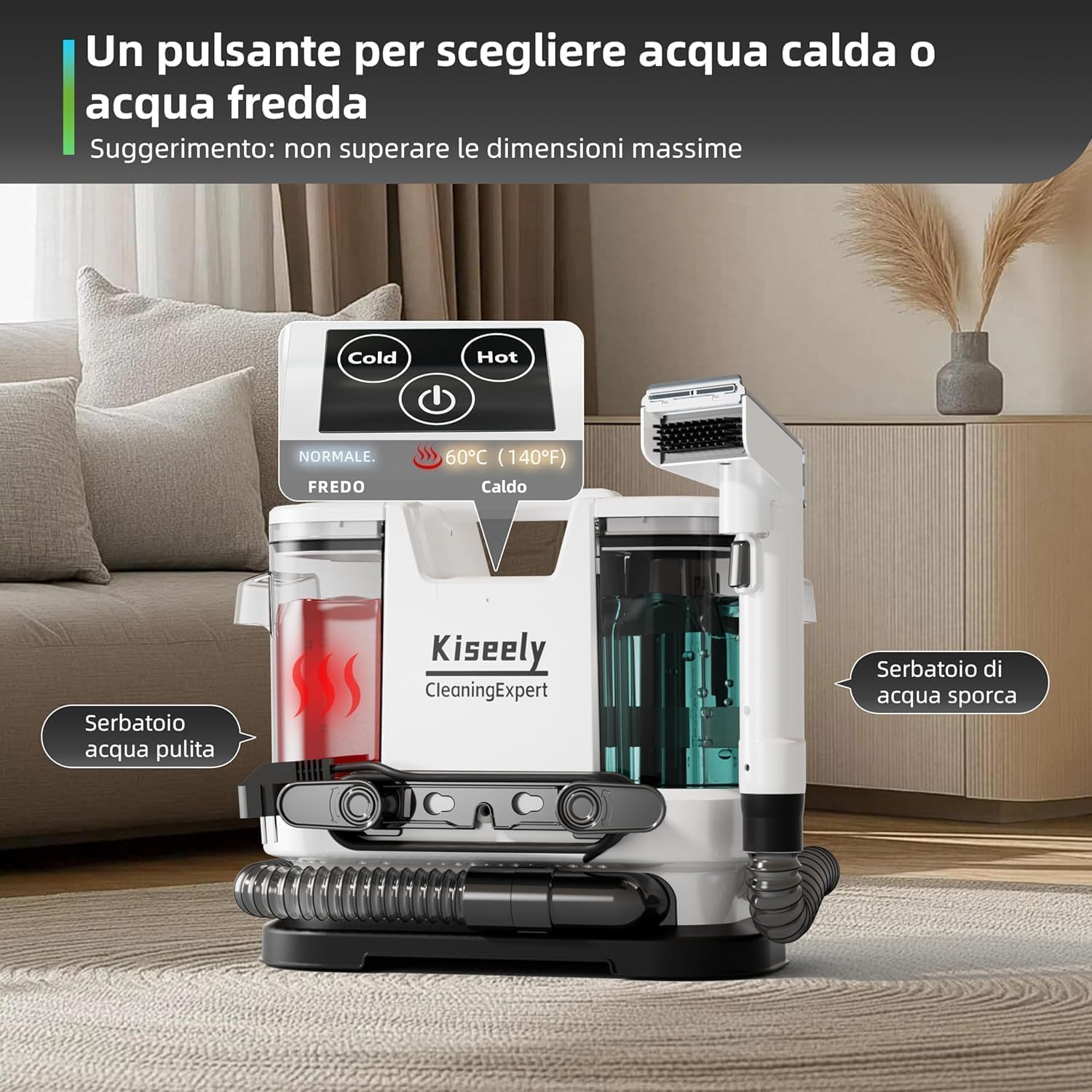 Aspiradora Agua Tapiceria Limpiador, con calentamiento instantáneo, 600W potente succión y limpieza profunda para alfombras, sofás, coches y mascotas (Blanco)