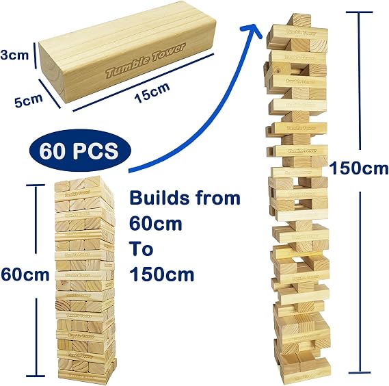 Jac & Mok Jumbo Tumble Tower Game | 60 Pieces Wooden Toppling Blocks Toys with Carrying Case | Premium Pine Wood Material (Builds from 60cm to 150cm