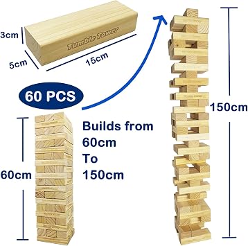 Jac & Mok Jumbo Tumble Tower Game | 60 Pieces Wooden Toppling Blocks Toys with Carrying Case | Premium Pine Wood Material (Builds from 60cm to 150cm