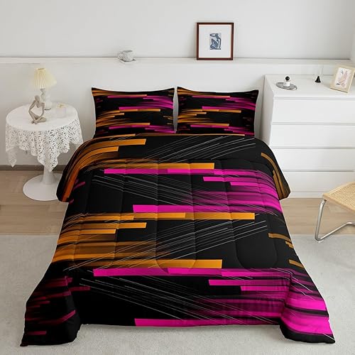Feelyou Kids Geometric Abstract Striped Comforter Set Full Size Pink Orange Ombre Geometry Bedding Set for Boys Girls Teens Modern Stripes Line Decor Comforter Women Men Quilt Set