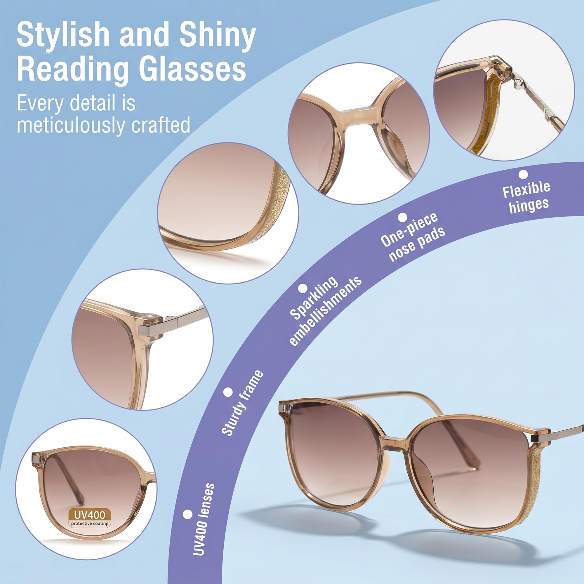Lunettes de Lecture Soleil Élégantes pour Femmes, Grandes Lunettes Loupe Tendance UV400, Grands Lecteurs Teintés Adaptés au Travail en Extérieur, à la Lecture