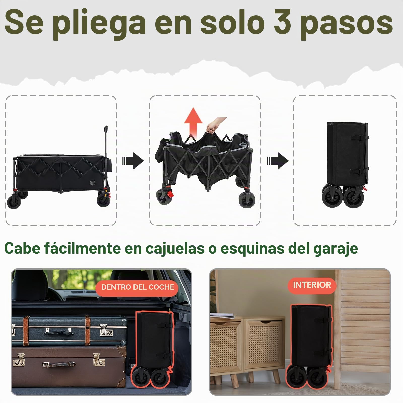 TIMBER RIDGE Carrito Plegable 300L 150kg Todo Terreno con Freno | Carrito plegable resistente de 300L y 150 kg, ruedas todo‑terreno, freno y lona extraíble, para camping, compras y jardín.