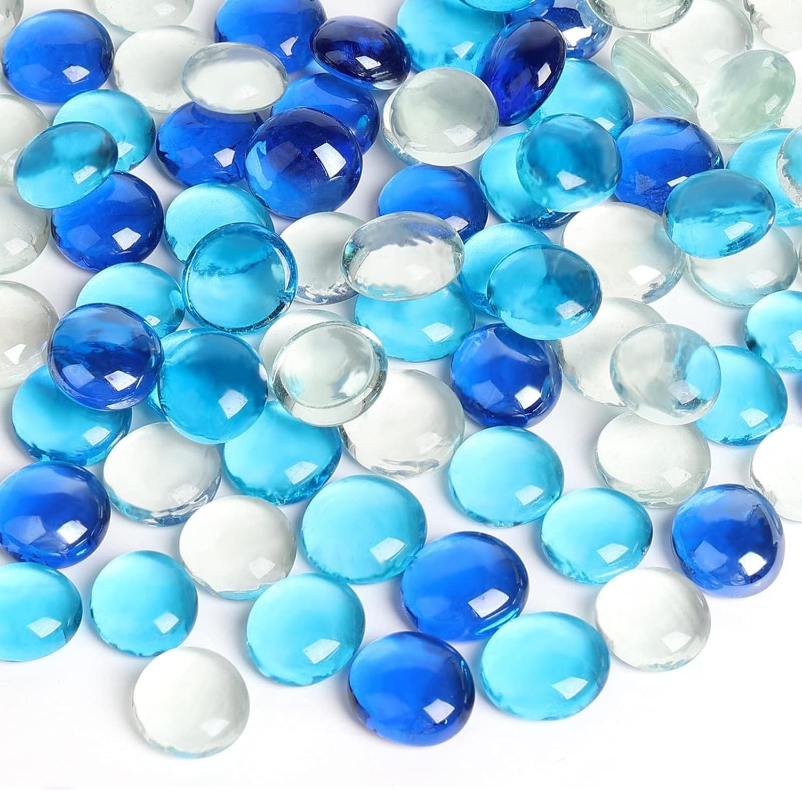 FUTUREPLUSX 1 pounds, Flat Glass Marbles, Blue Mixed Gemstone Vase Fillers Beads Decorative Glass Pebbles Floral Fish Tank Rocks for Vases Table Scatter Aquarium Decor
