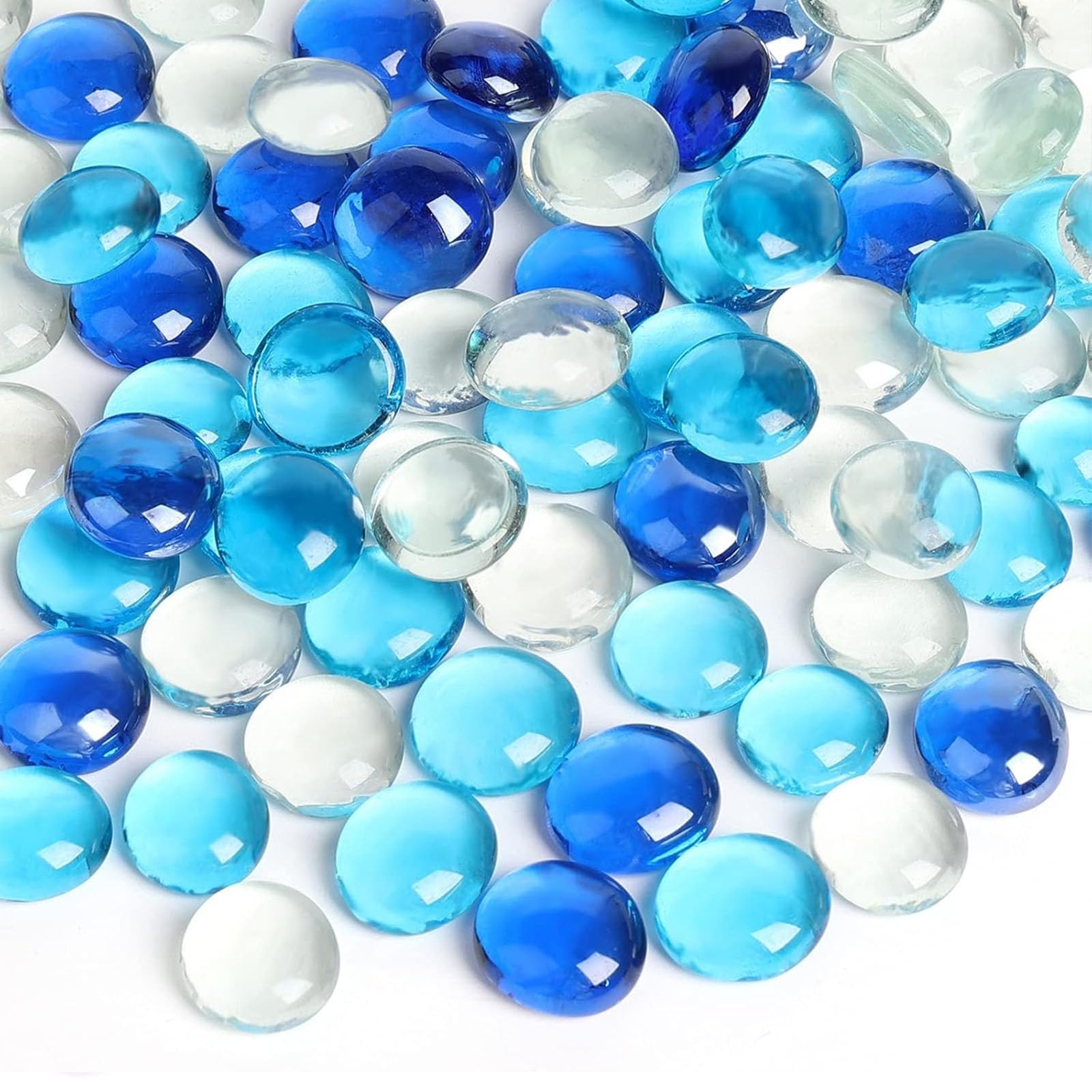 FUTUREPLUSX 1 LB Mixed Blue Glass Beads, Flat Marbles for Vase Fillers