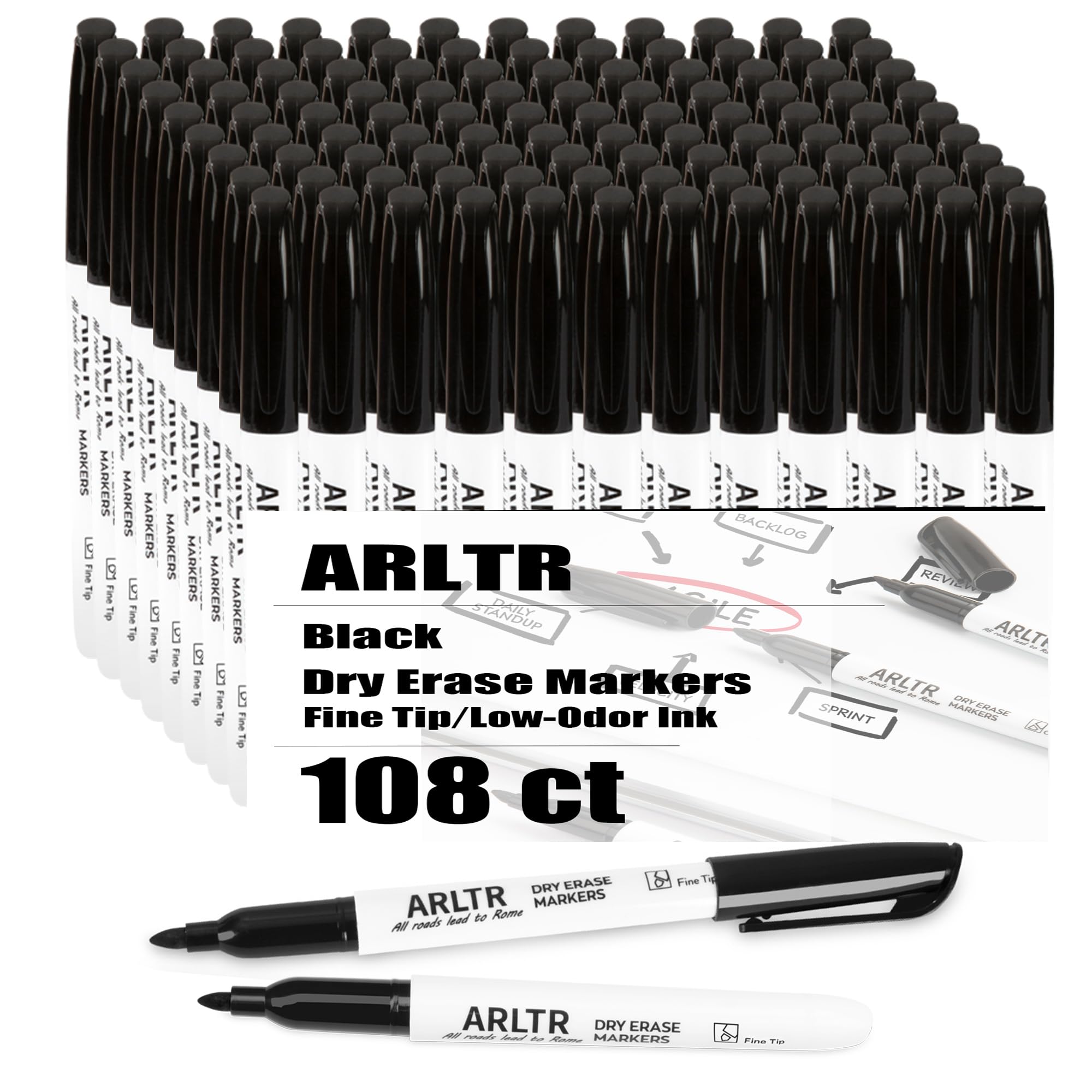 ARLTR Dry Erase Markers Bulk, 108 Pack Black Whiteboard Markers with Fine Tip, Low Odor Dry Erase Markers for Office Home