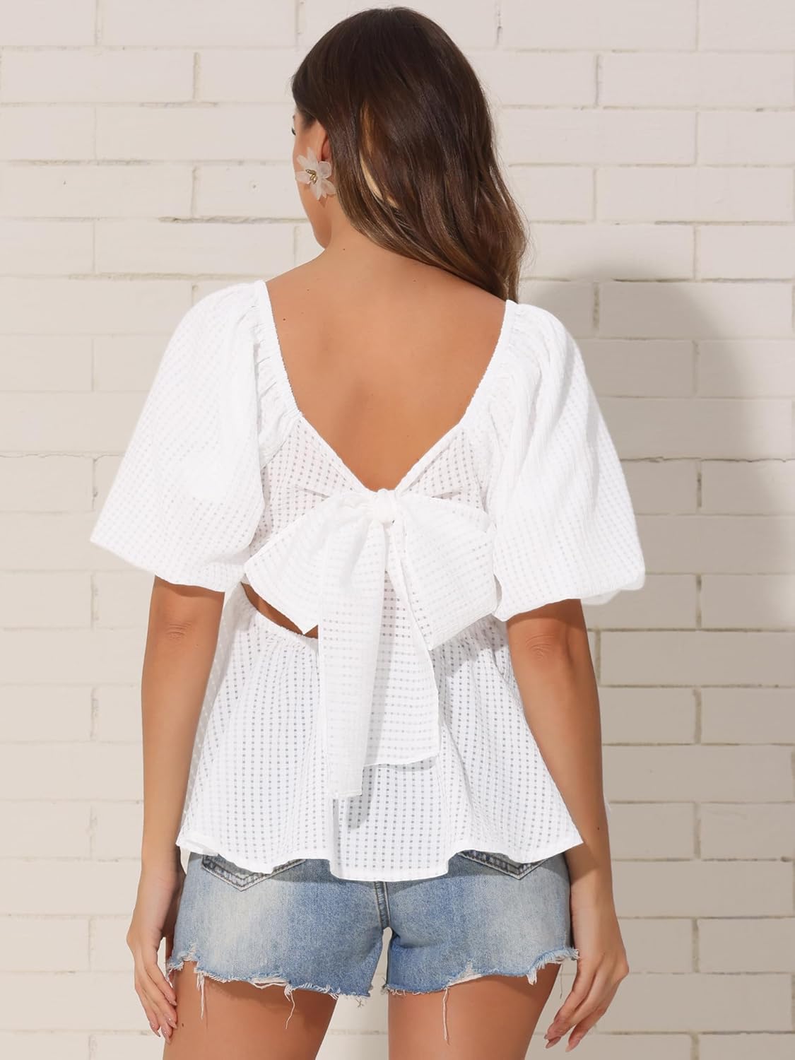 Allegra K Peplum Tops for Women Summer Square Neck Puff Short Sleeve Blouse Casual Smocked Top - Image 3