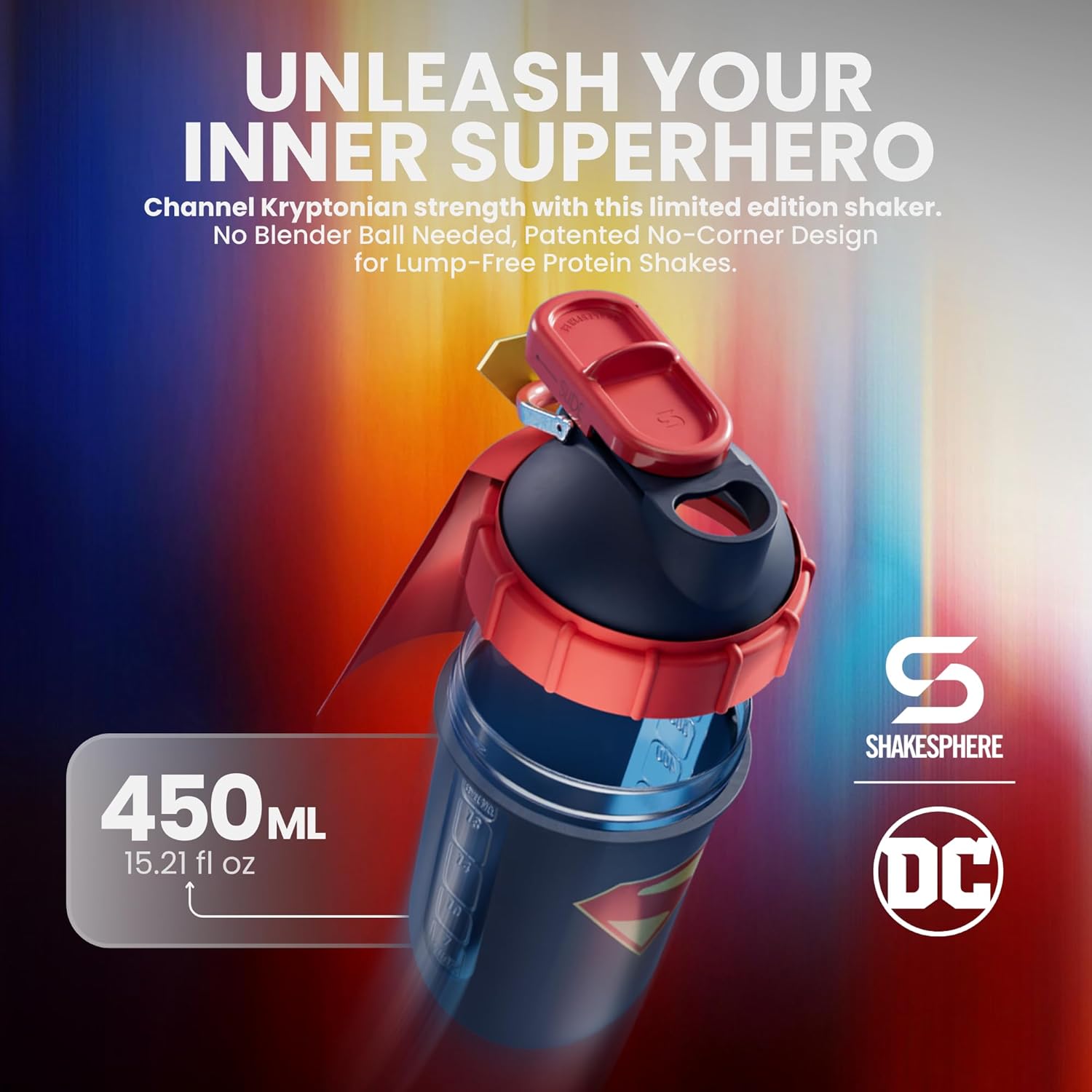 SHAKESPHERE Mini Protein Shaker Bottle - Superman Limited Edition - 450ml Leak-Proof Shaker Cup with Steel Slide Cap | Capsule Design,No Mixing Ball BPA-Free, 3D Logo, Collector’s Box
