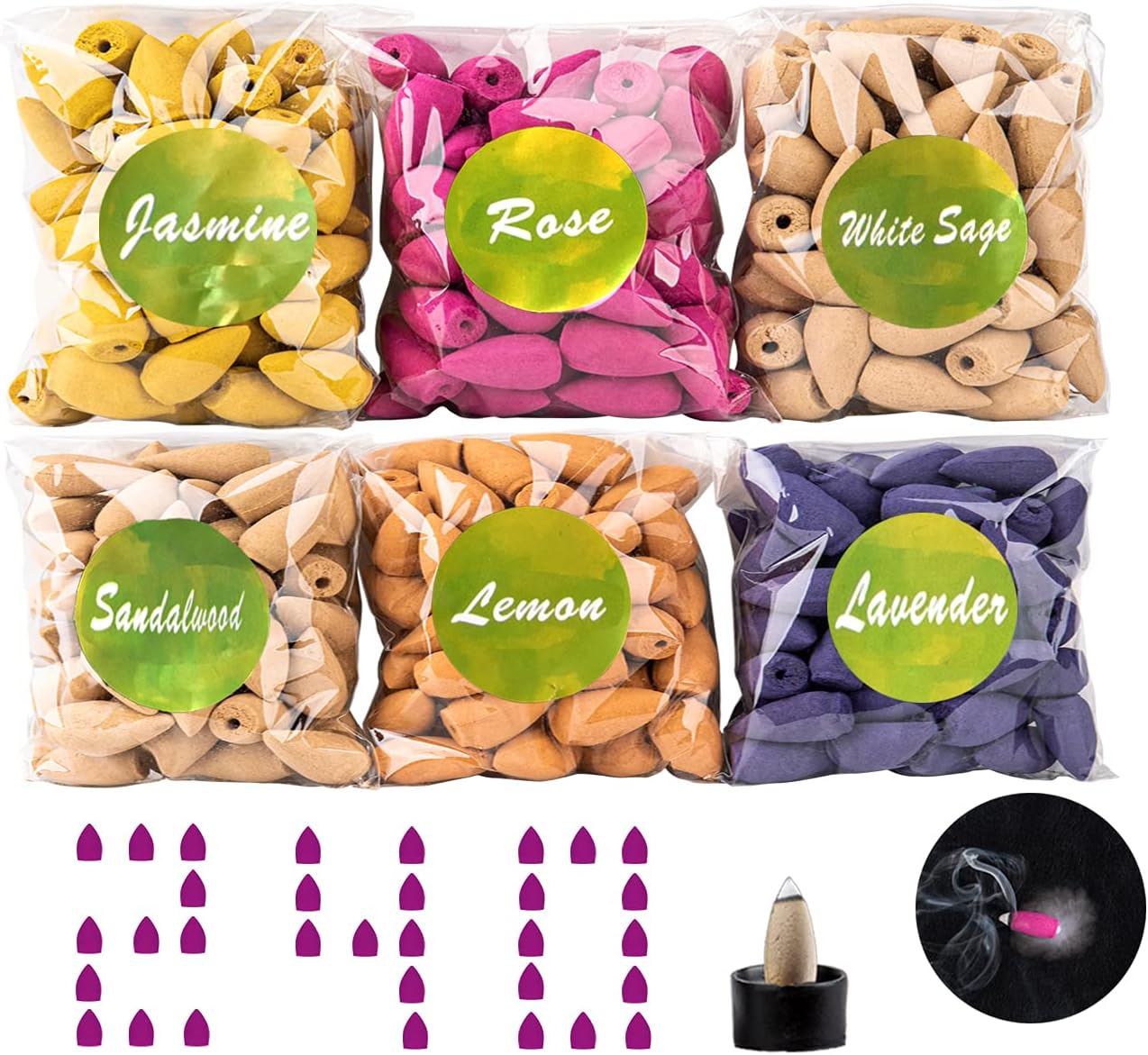 Backflow Incense Cones 240 Set - 6 Mixed Fragrance, Stronger Scent, Fireproof Mat & Holder