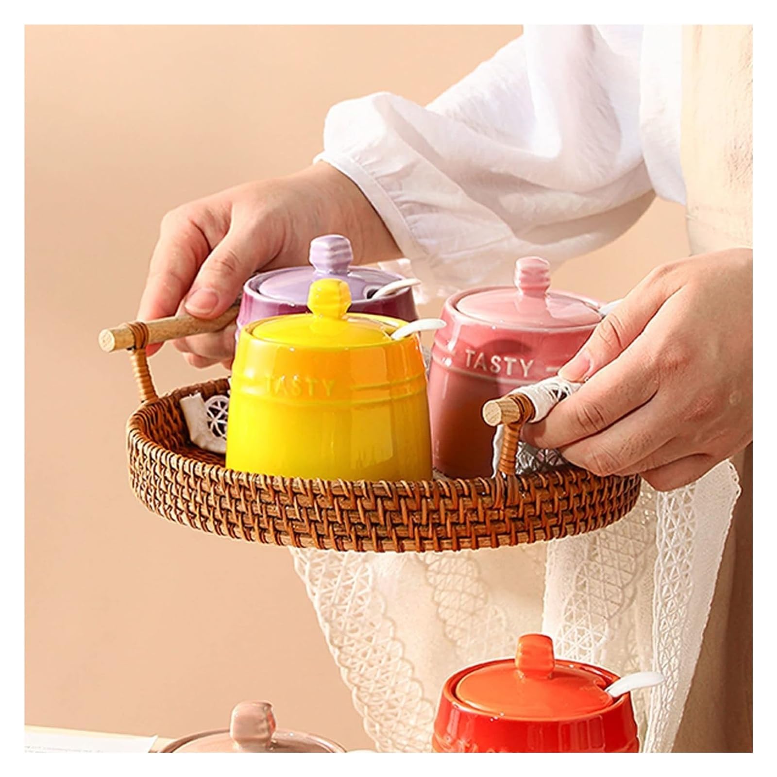 Azucarero,Azucarero,Azucarero de cerámica degradada francesa con tapa, Azucarero sólido con cuchara, Tarro de especias de porcelana, Almacenamiento de decoración de cocina(Yellow)