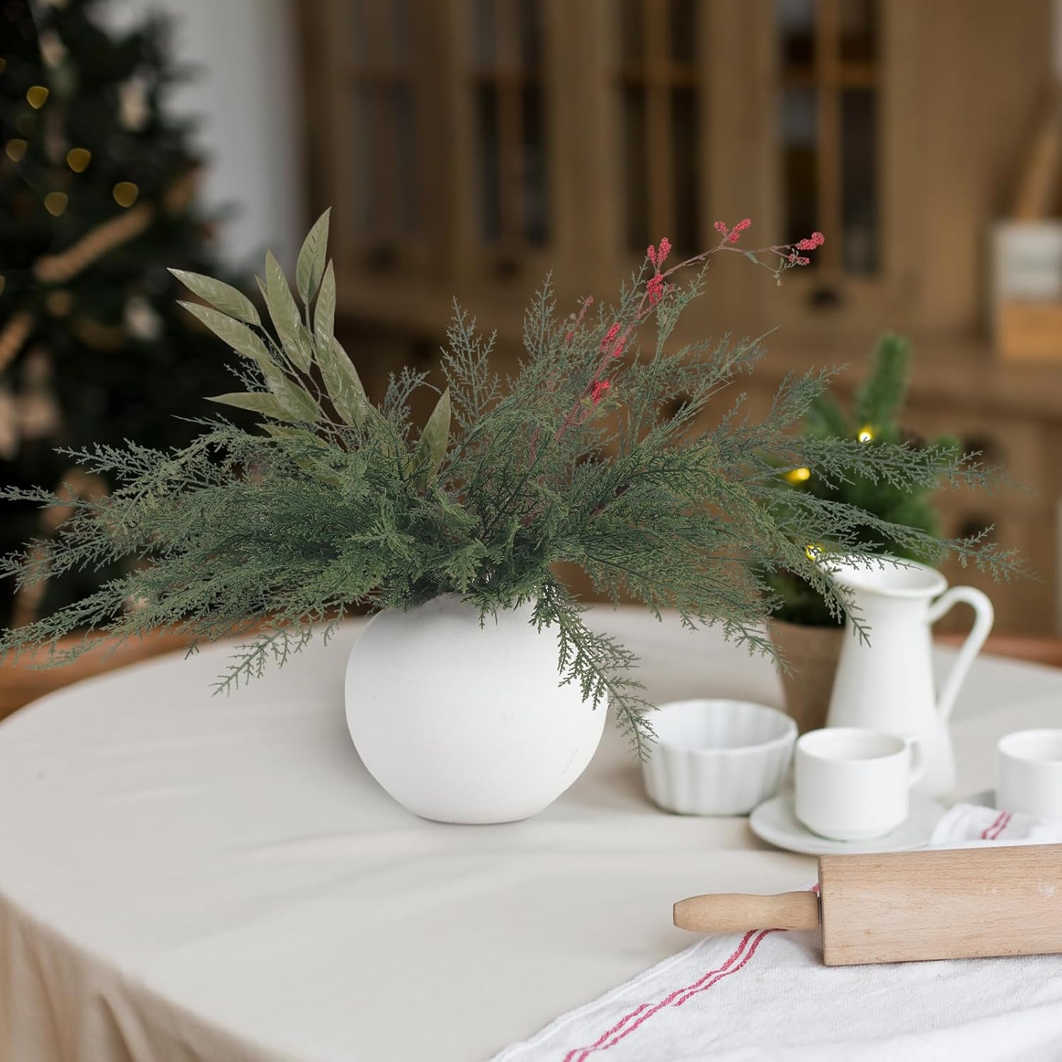 Jutom 16 Pcs Christmas Cedar Pine Stems - 18 Inch Artificial Faux Cedar Branches Christmas Greenery Pine Picks for Vase DIY Crafts Xmas Wreaths Garlands Decorations - Image 9