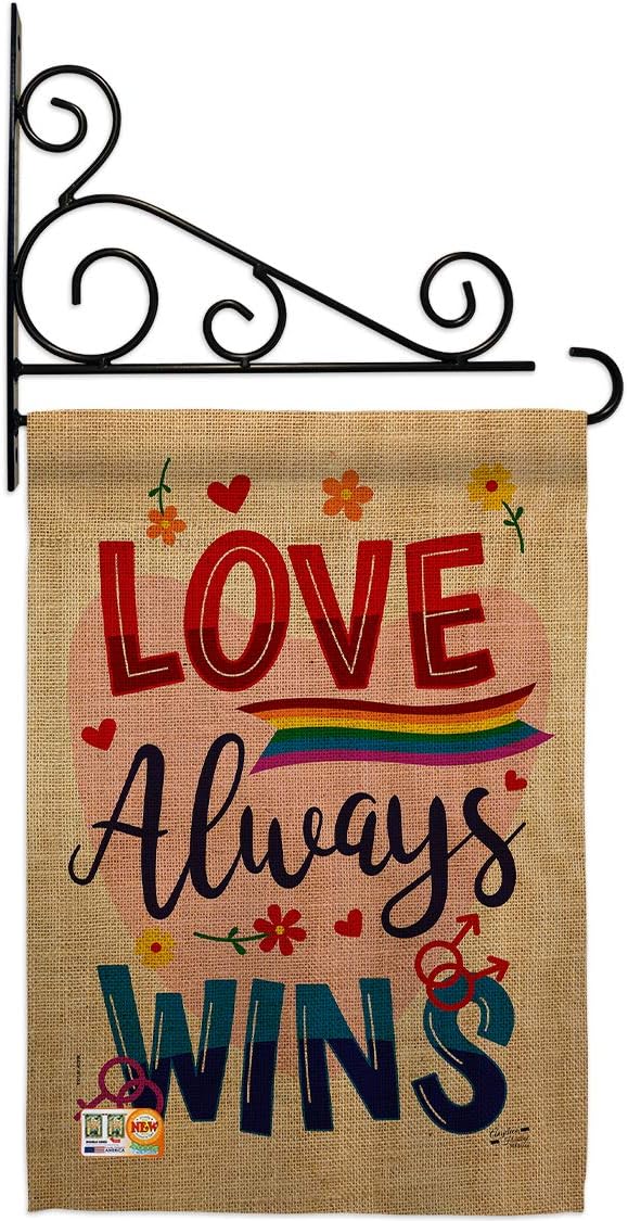 Love Always Wins Garden Flag Set Wall Holder Support Pride Rainbow LGBT Gay Bisexual Pansexual Transgender Small Decorative Gift Yard House Banner Made In USA 13 X 18.5