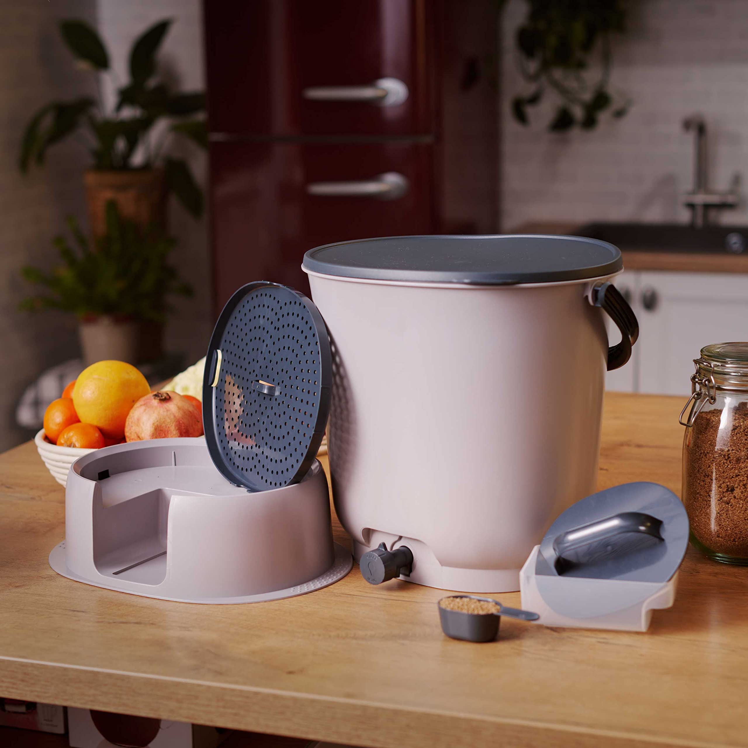 Skaza- Compostador de Cocina de plástico Reciclado, BOEssential+Base 15,3L Light Gris