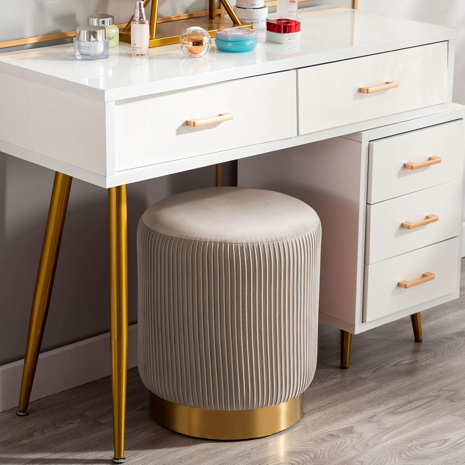 DUHOME Modern Round Velvet Ottoman Footrest Vanity Stool Khaki
