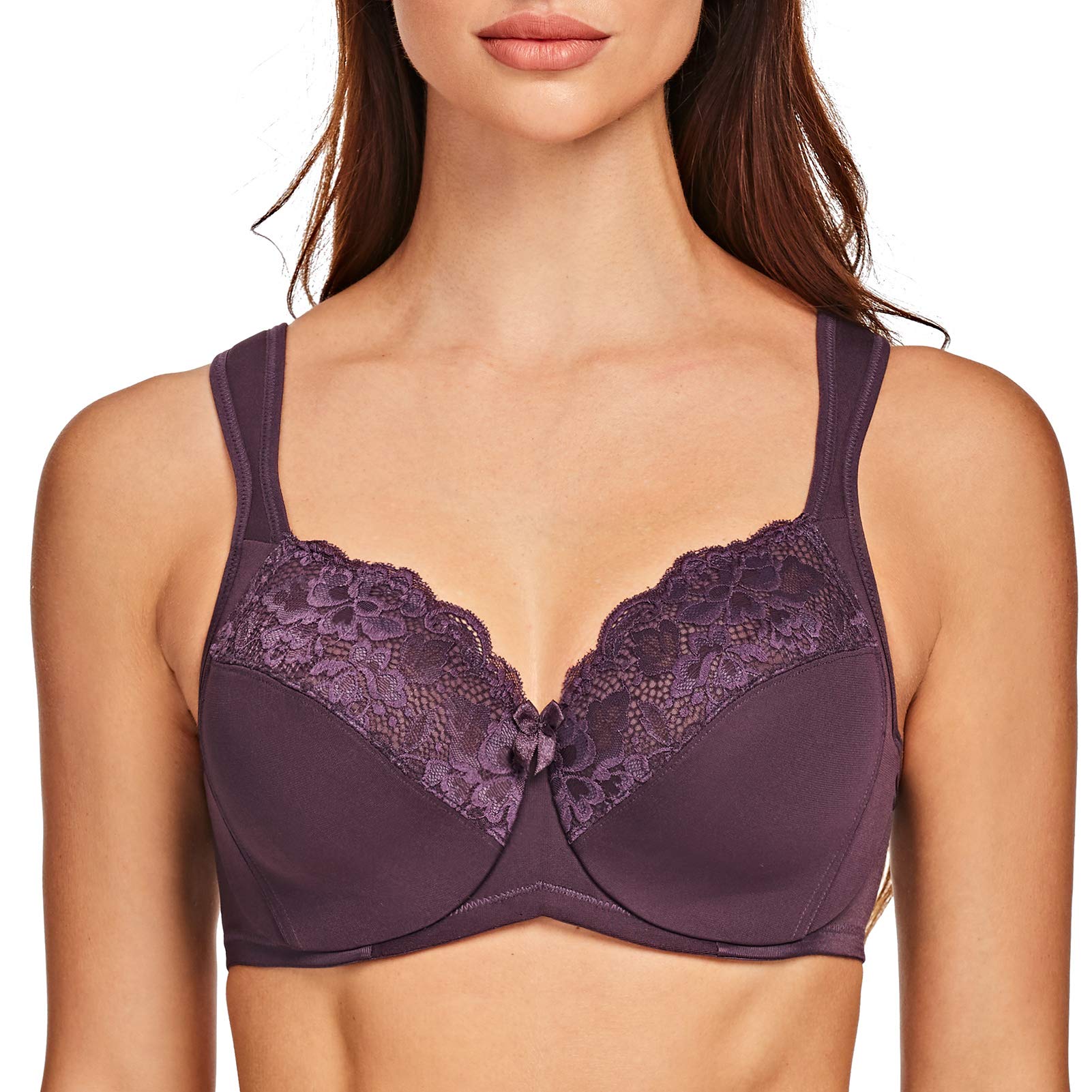 MELENECA Women's Minimizer Bra Full Coverage Plus Size Underwire Lace Comfort Cushion Strap Purple 34H
