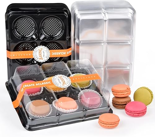 Caja de macarrones con ventana transparente, paquete de 50 cajas de embalaje de macarrones de regalo con base negra para 6 macarrones, cajas