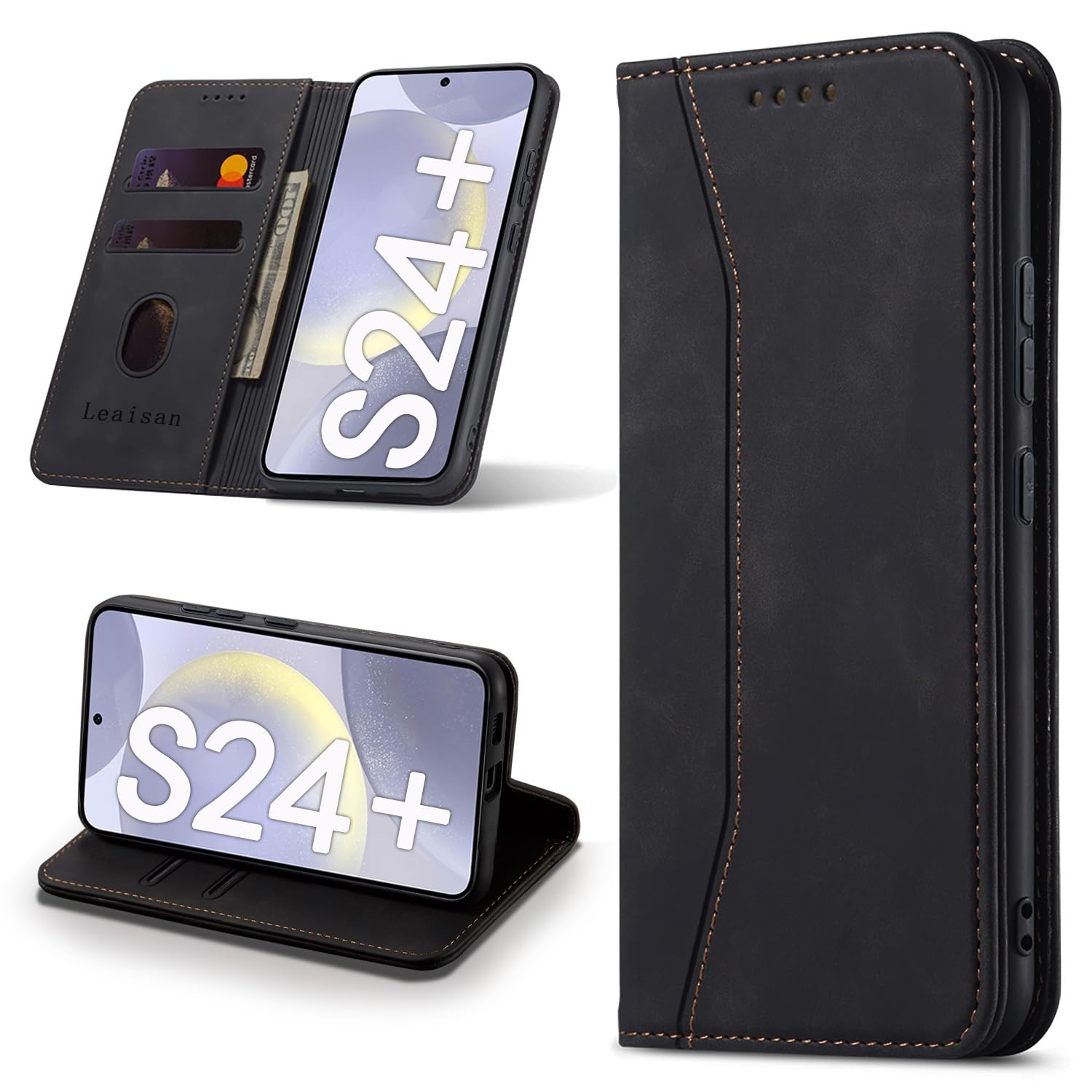 Leaisan Handyhülle für Samsung Galaxy S24 Plus/S24+ Hülle Premium Leder Flip Klappbare Stoßfeste Magnetische [Standfunktion] [Kartenfächern] Schutzhülle für Samsung S24 Plus 5G Tasche - Schwarz