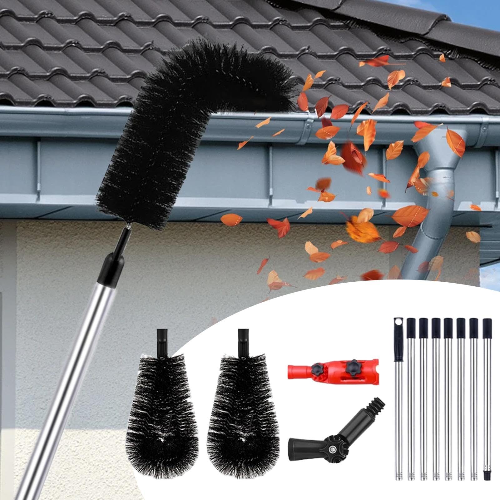 Outils de Nettoyage de Gouttières | Brosse de Toit à Manche Télescopique | Poteau d'Accès Long de 3,2 mètres pour Le Toit, Qui Permet d'Enlever Les Branches et Les Débris, sans Avoir Besoin d'Échelle