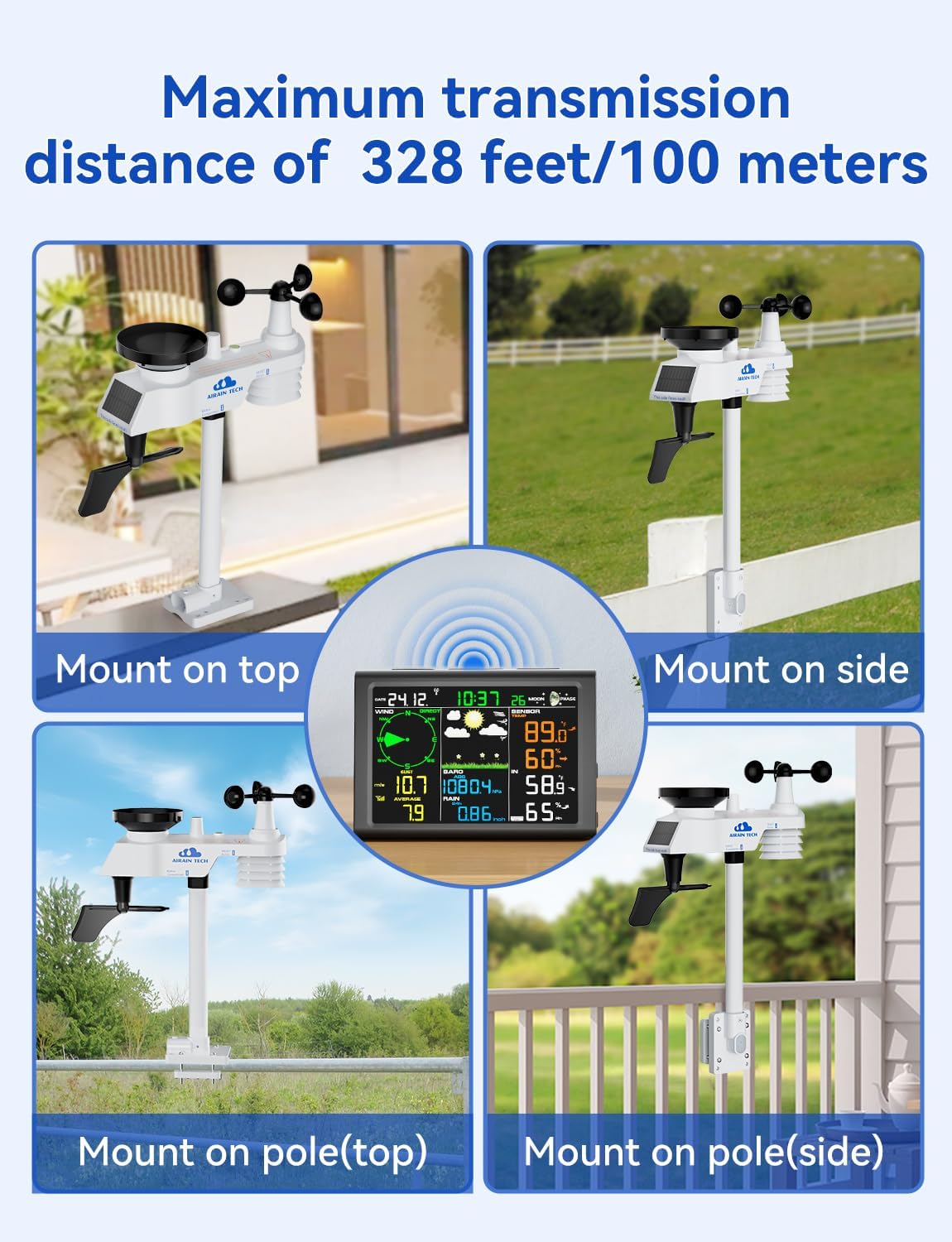10-in-1 kabellose Wetterstation mit kabellosem Außensensor, Funkuhr, Regenmesser, Windgeschwindigkeit/Richtung, Mondphase, Barometer, Thermometer/Hygrometer, Wettervorhersage (kein WLAN)