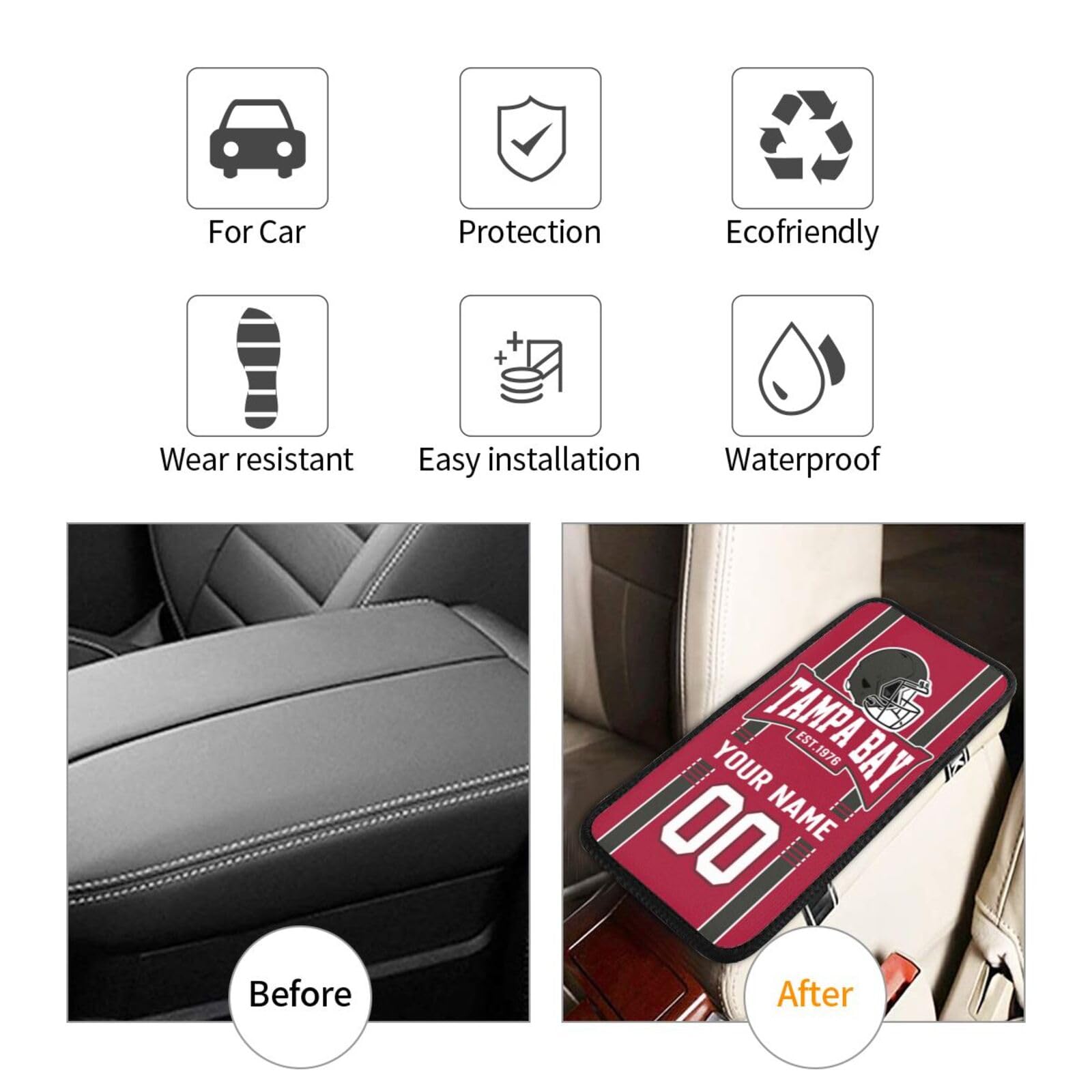 Tampa Bay Custom Car Armrest Cover,Personalized Football Style Car Decor Accessories Custom Auto Center Console Pad Car Armrest Seat Cover for Most Vehicle
