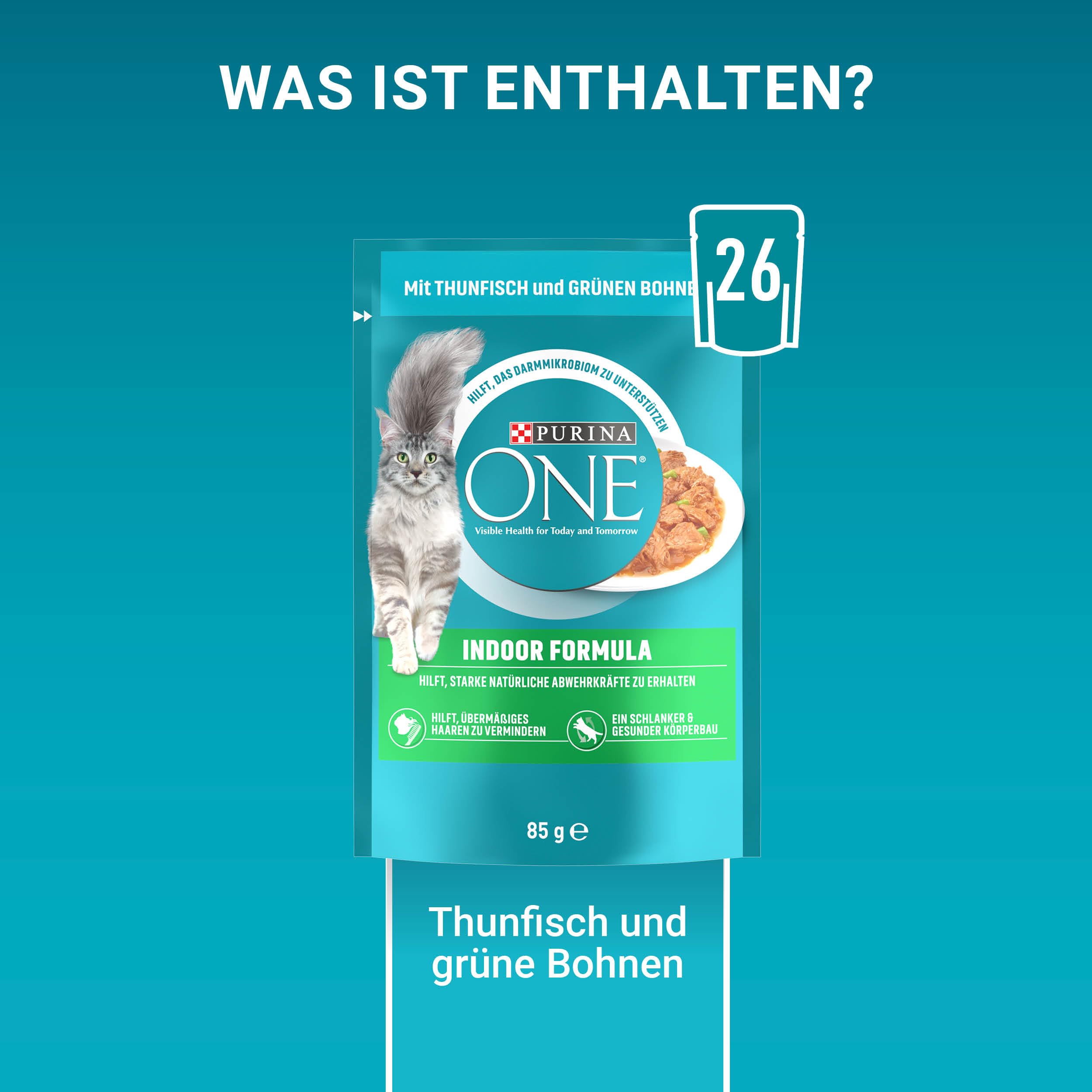 PURINA ONE Indoor Formula Katzenfutter nass, zarte Stückchen in Sauce für Hauskatzen, mit Thunfisch, 26er Pack (26 x 85g)