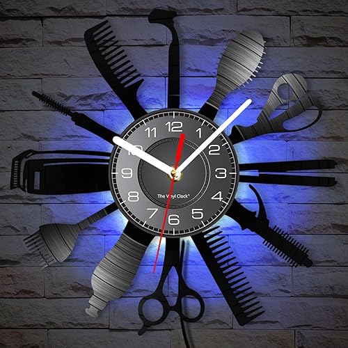 Miniatura 5 de Reloj de pared con herramientas de peluquería de 12 pulgadas con 7 colores cambiantes, reloj de pared para peluquería y negocios, reloj de pared,