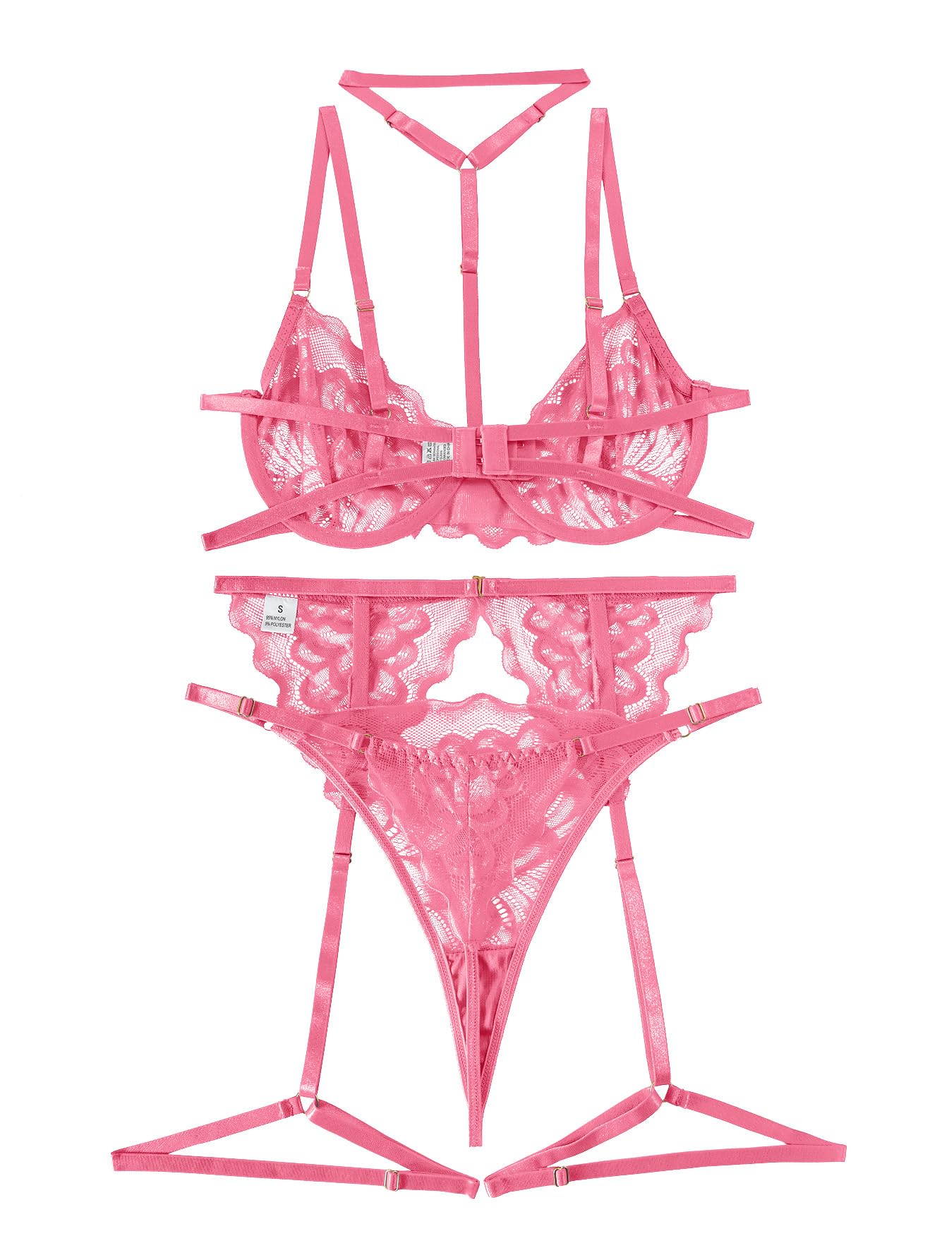 Lilosy Sexy Choker Floral Lace Scallop Sheer Underwire Push Up Garter Belt Lingerie Set 3 Piece