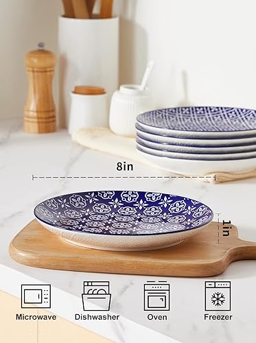 Miniatura 2 de Platos de ensalada, platos de postre azules y blancos, juego de platos de cerámica coloridos de 8 pulgadas para pasta, juego de 6, aptos para
