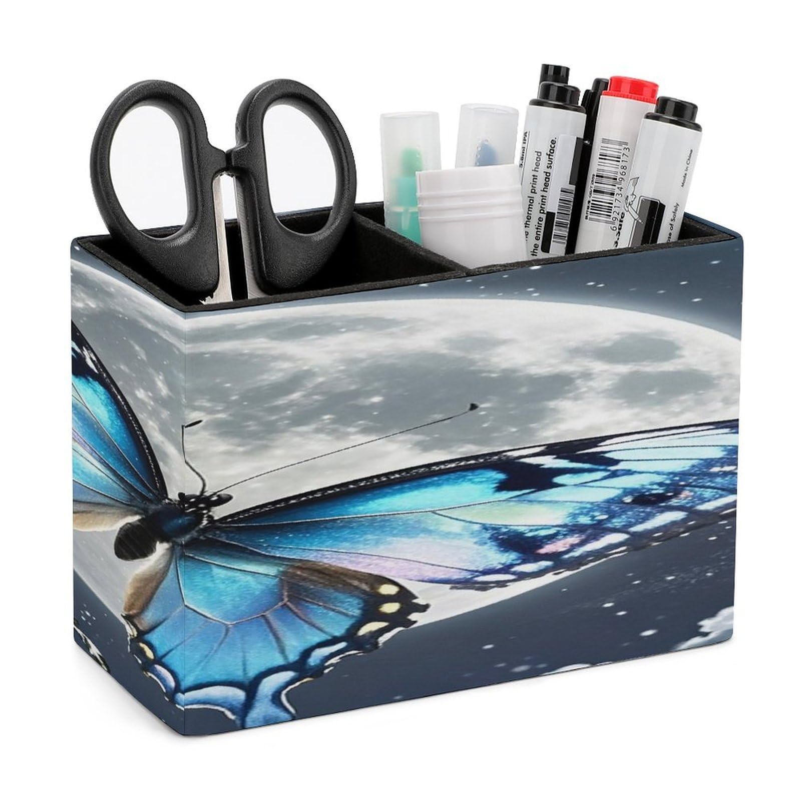 LZQPOEAS Blue Butterfly And Moon Leather Pen Holder with 2 Compartments Luxury Pencil Holder Minimalist Pencil Cup Brush Scissor Holders Elegant Pen Cup for Office Home Desk Accessories