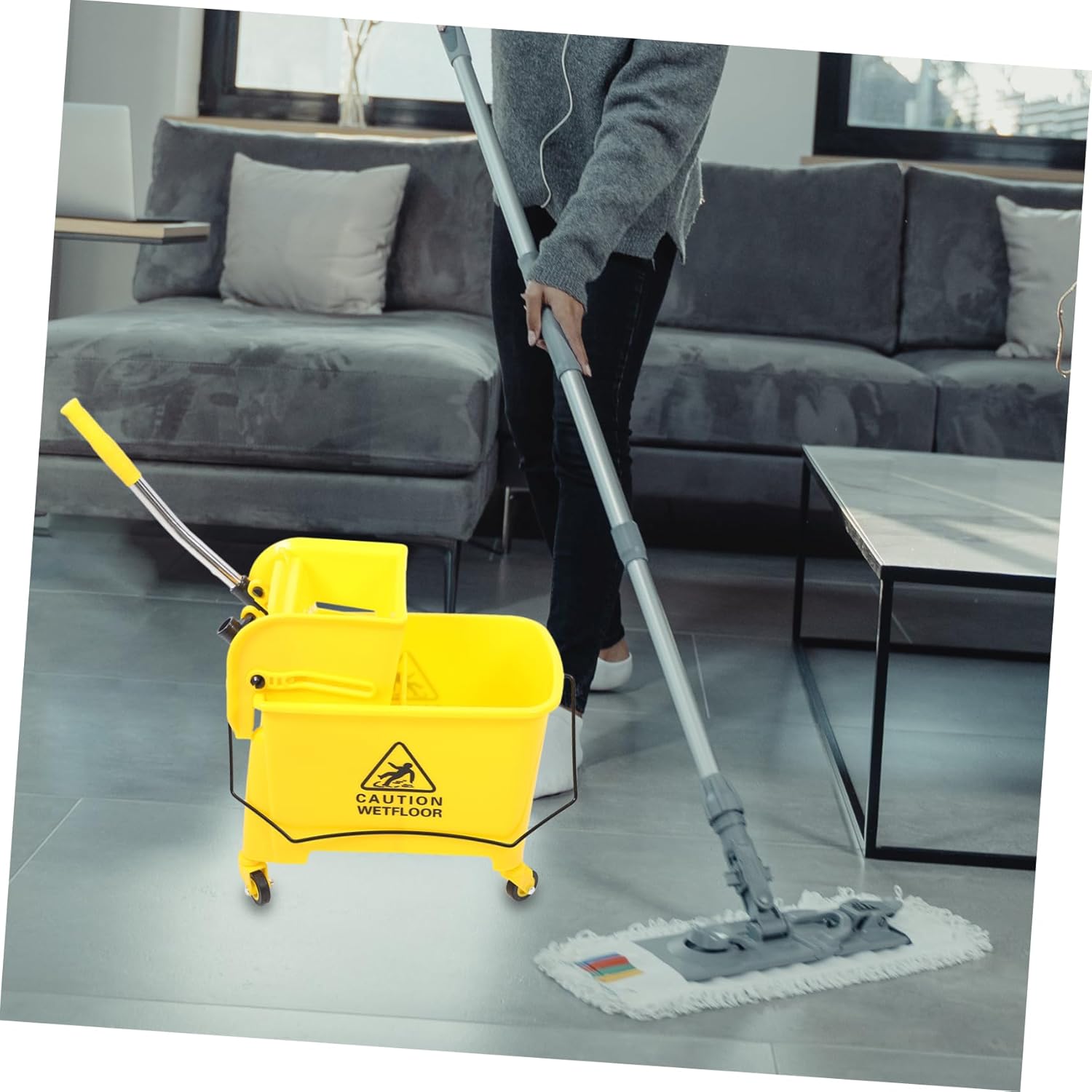 ORFOFE 20L Mop Bucket on Wheels Side Press Commercial Cleaning Tool for Hotels and Homes Sturdy Plastic Design Yellow Random Color