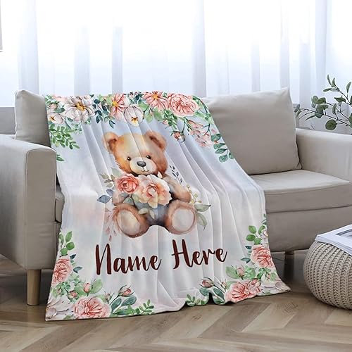 Miniatura 213 de Manta personalizada con diseño de jirafa y elefante, manta de franela suave, acogedora y ligera con nombre para sofá, cama, sofá, regalo, unisex