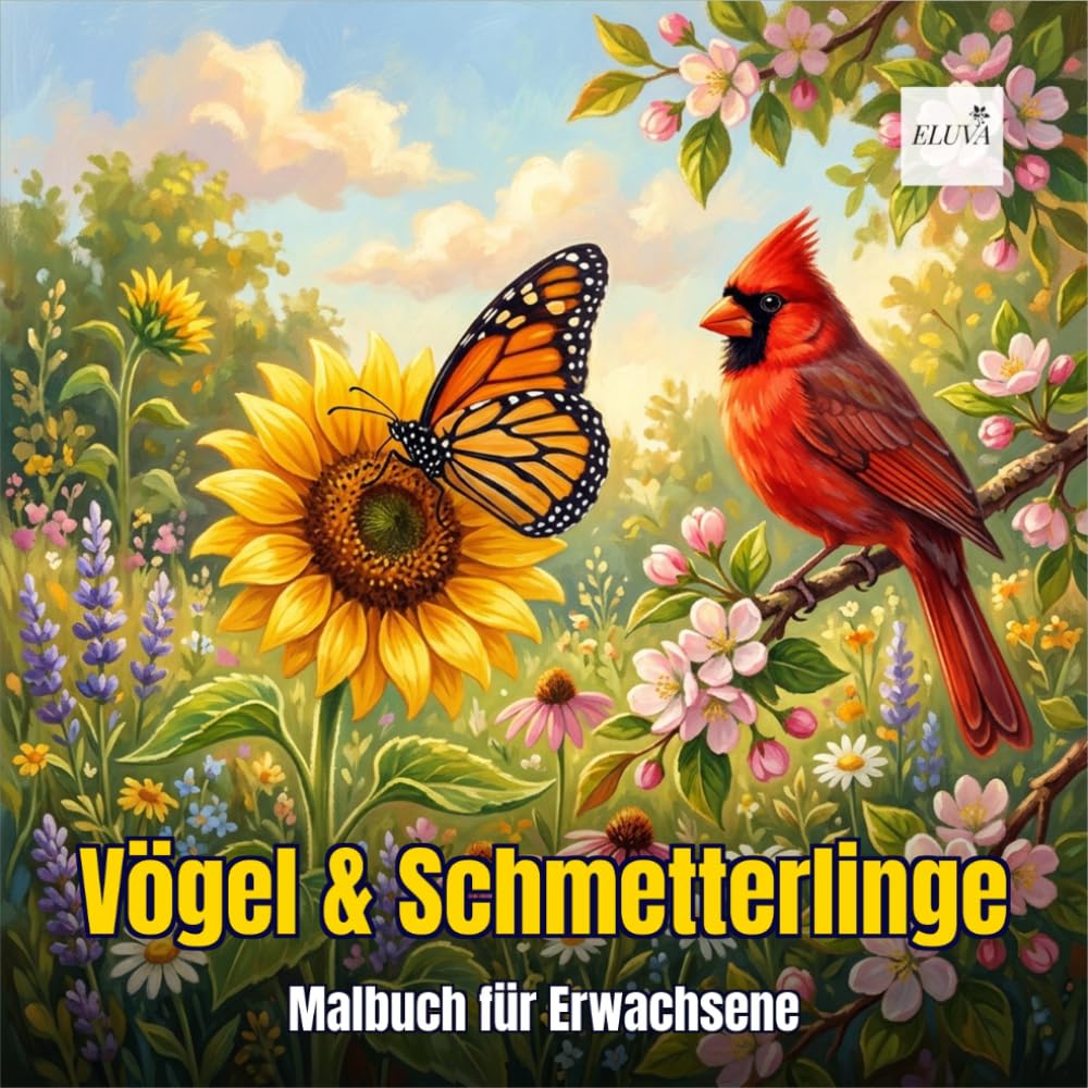 Vögel & Schmetterlinge Malbuch für Erwachsene: 60 Großflächige Ausmalbilder mit Dicken Linien für Senioren, Anfänger & Naturfreunde — Stressabbau & Entspannung