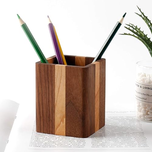 Miniatura 5 de Portalápices de nogal Soporte de pluma de madera para escritorio Organizador de vasos Ofiice Pencil Stand Simple (lado de nogal central de cereza)