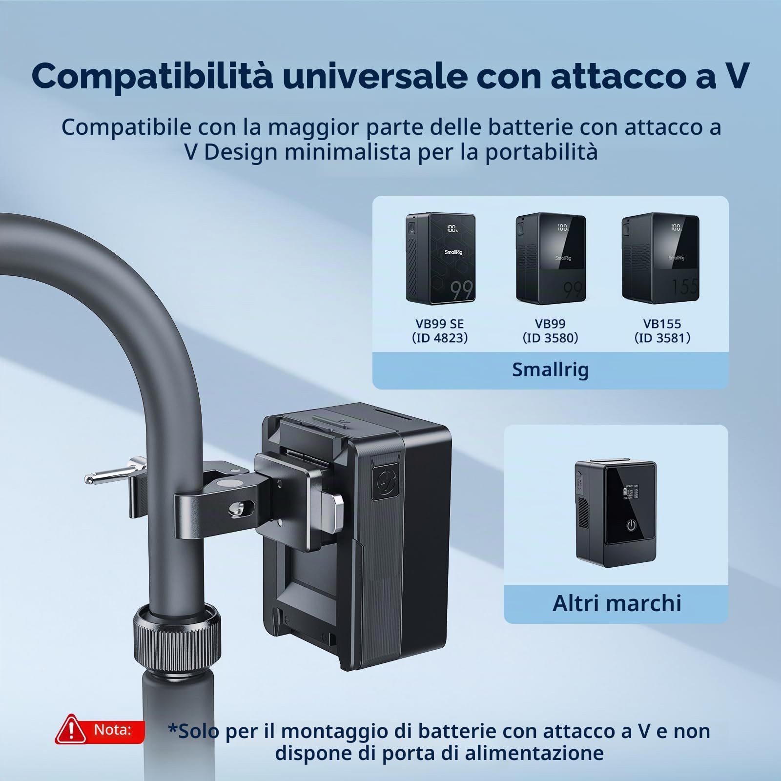 SMALLRIG V-Mount 5313 - Morsetto antiscivolo a forma di granchio, 15-40 mm, portata 1,5 kg, compatibile con più marche di batterie V-Mount