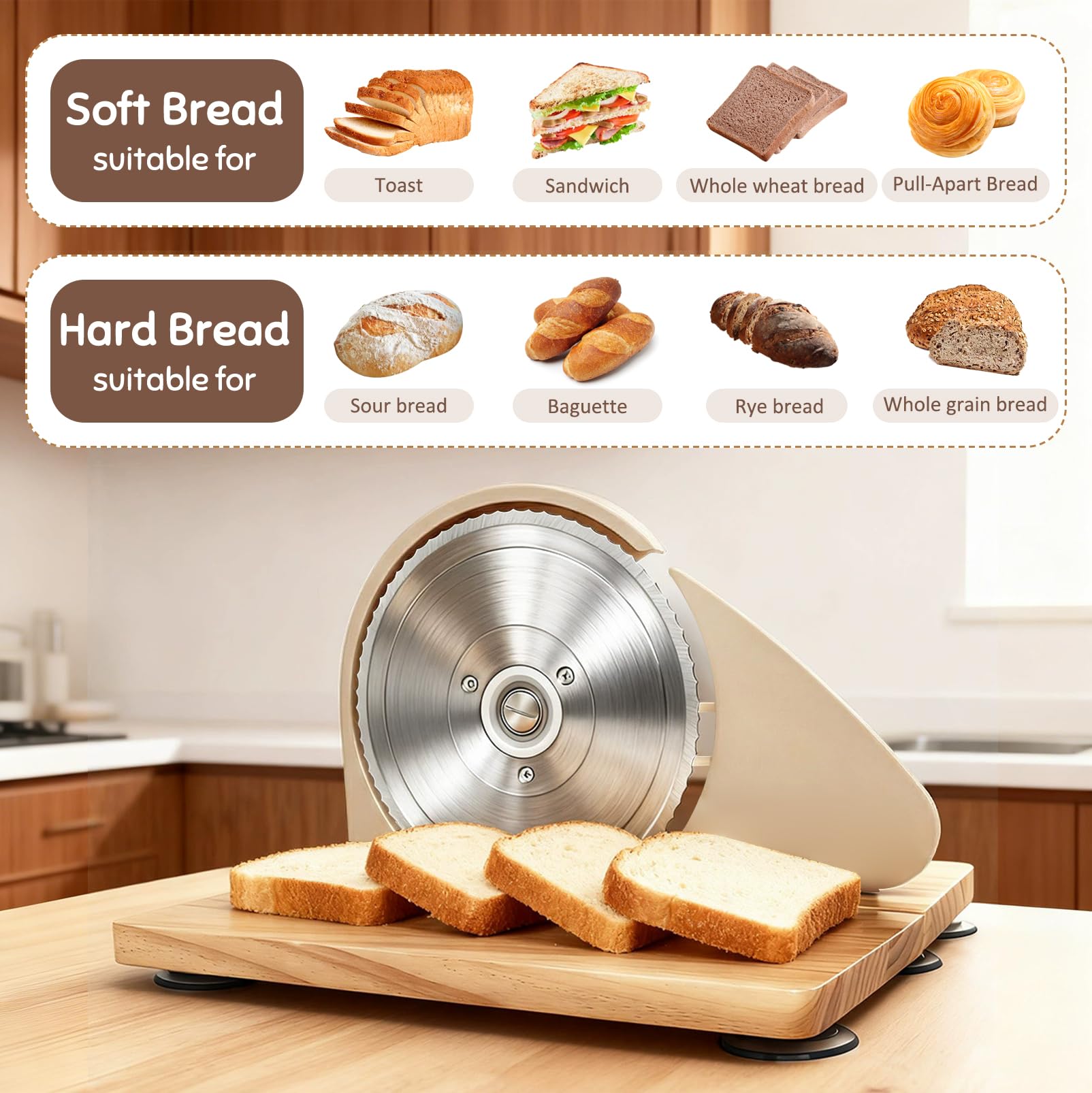 Manuelle Brotschneidemaschine, Allesschneider mit Saugnäpfen, Scheibendicke stufenlos wählbar 1-20mm, Handkurbel hochwertiger Klingenstahl, Einstellbare Schnittstärke und klappbarer Sockel (Beige)