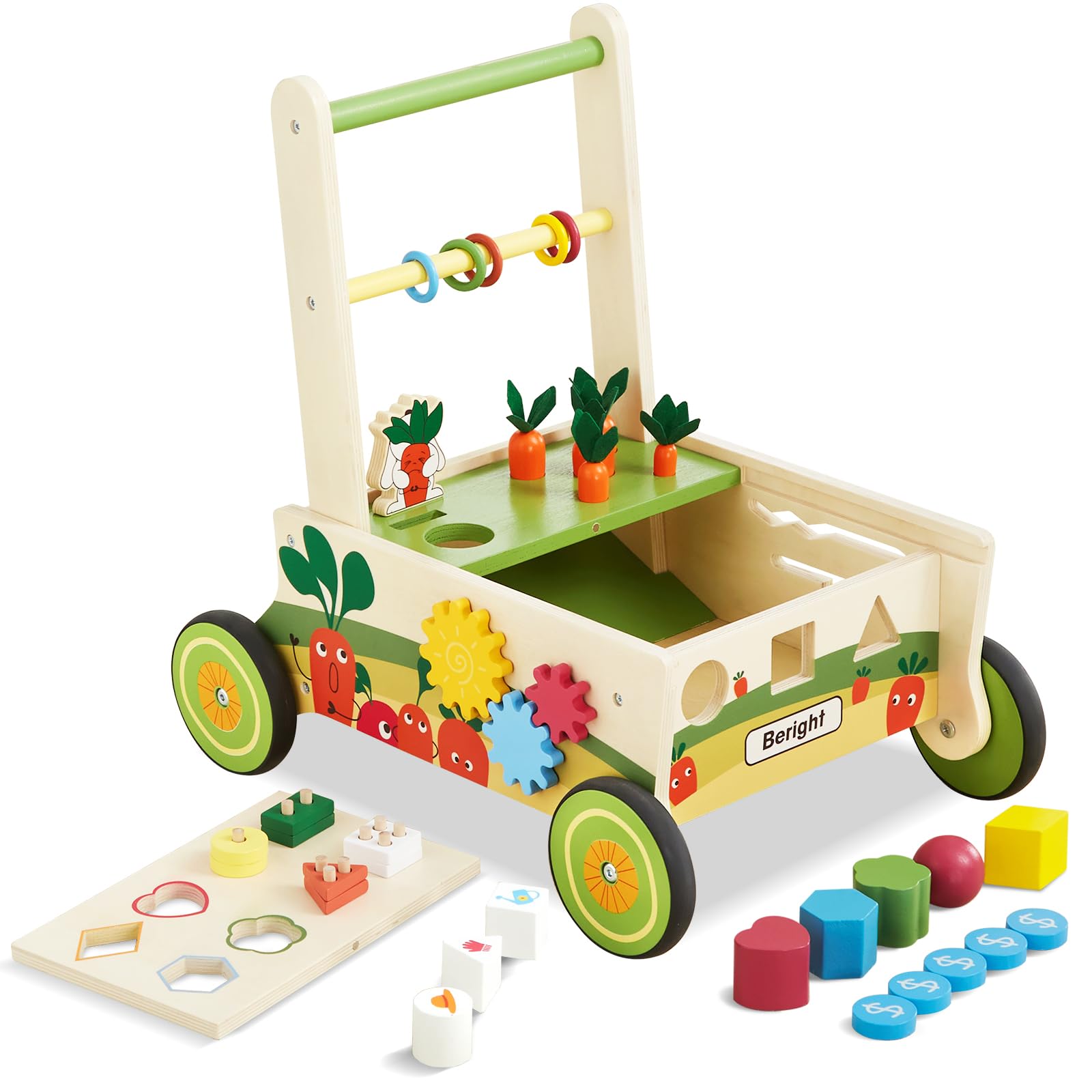 Beright Wooden Baby Walker Push and Pull Learning Activity Walker Kids’ Activity Toy Multiple Activities Center Develops Motor Skills & Stimulates Creativity(Green)