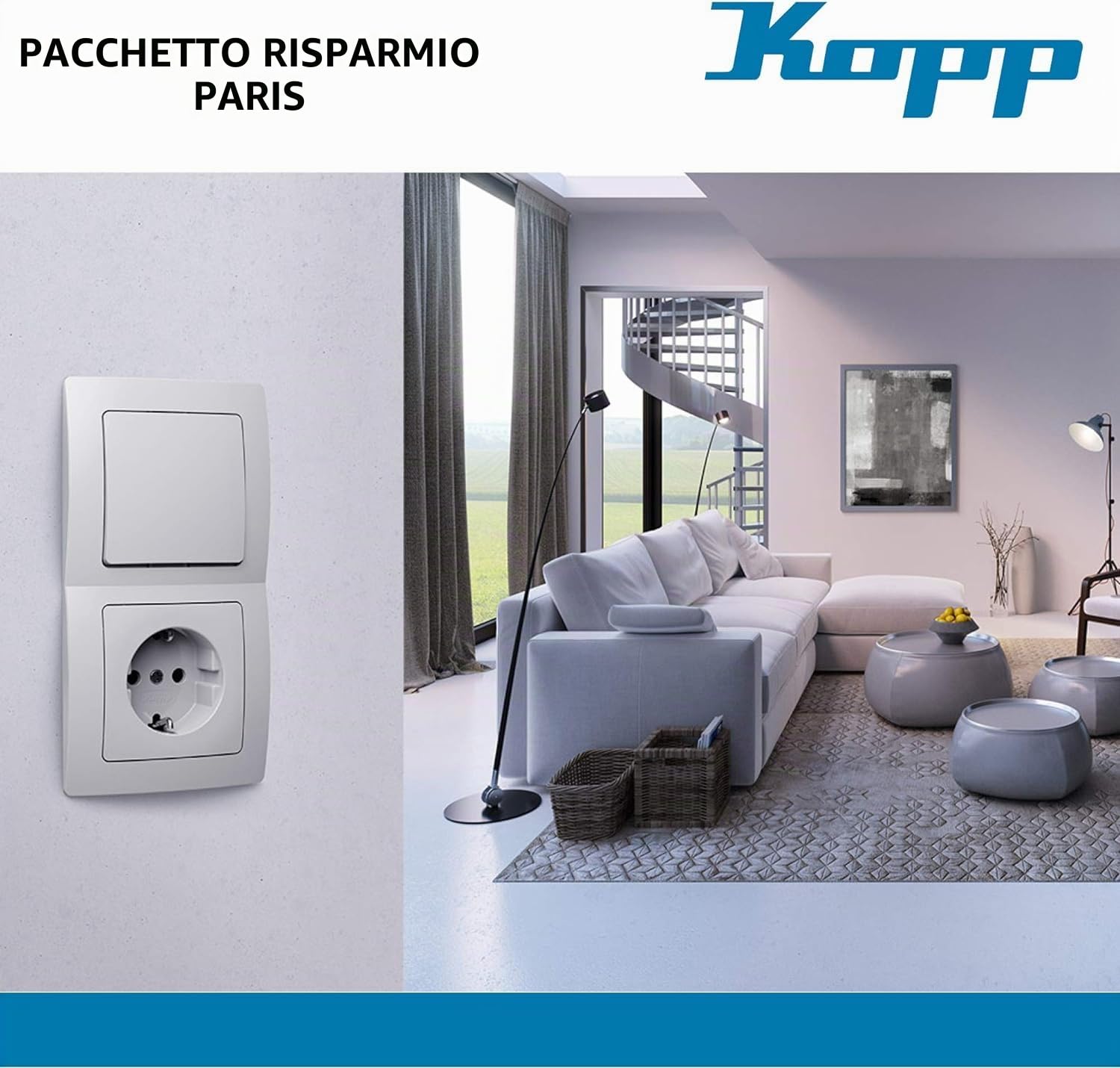 Kopp Paris Set economico bianco artico, contenuto: 6 x prese di contatto con protezione aumentata, 4 x interruttori di spegnimento e commutazione e 5 x telai di copertura a 2 pieghe, 990065007