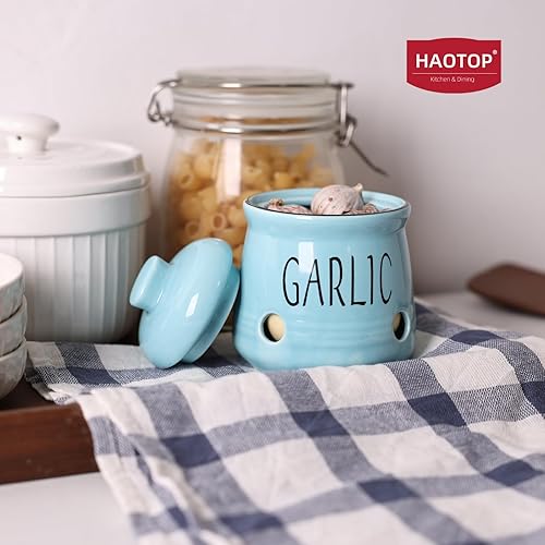 Vista 37 de HAOTOP Guardián de ajo con tapa, mini recipiente de cerámica para encimera, mantiene tus dientes de ajo frescos Blanco