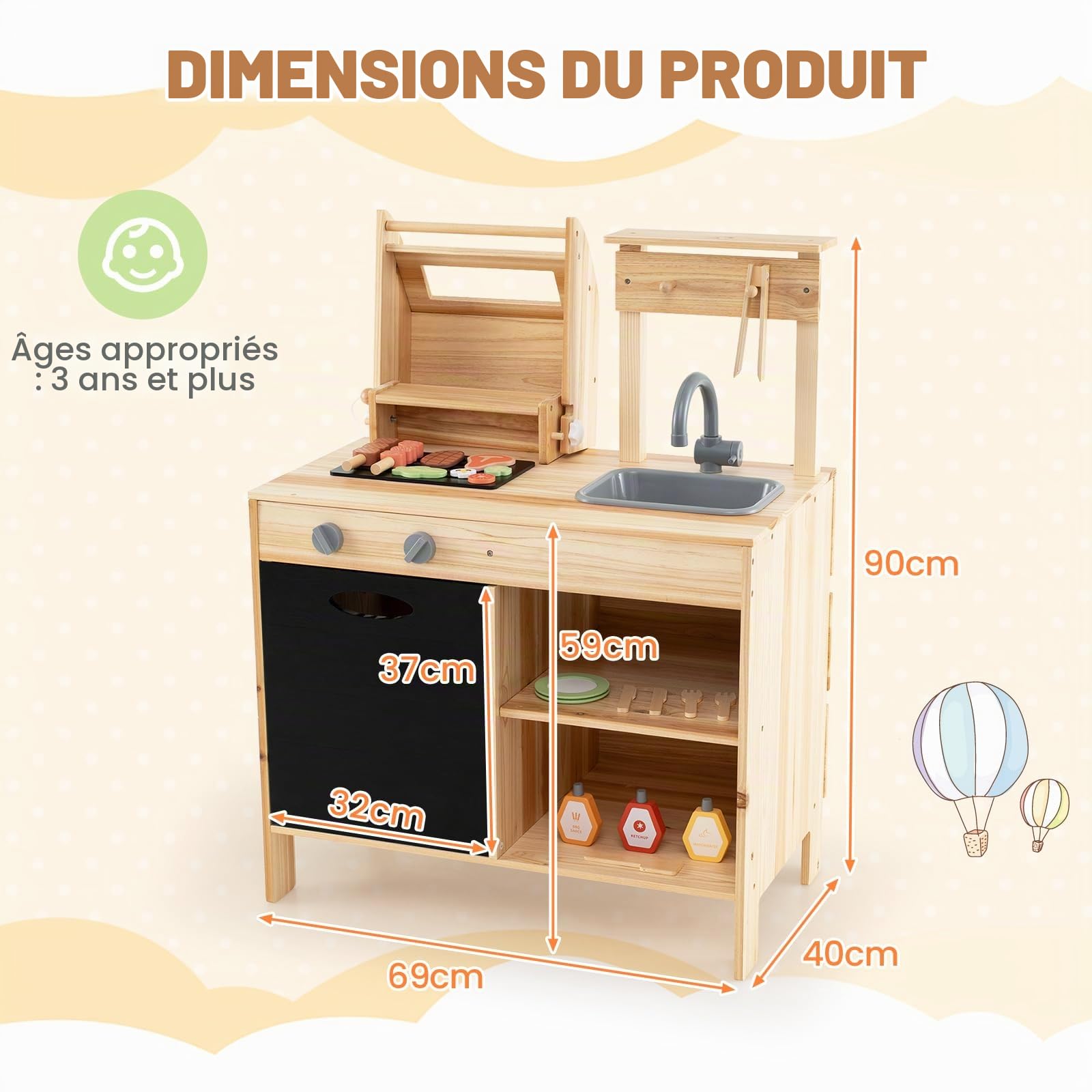 HOMASIS Cuisine extérieure pour Enfants avec Barbecue, Table, évier, Cuisine Jouet avec 27 Accessoires, Ensemble Jouet en Bois de Sapin