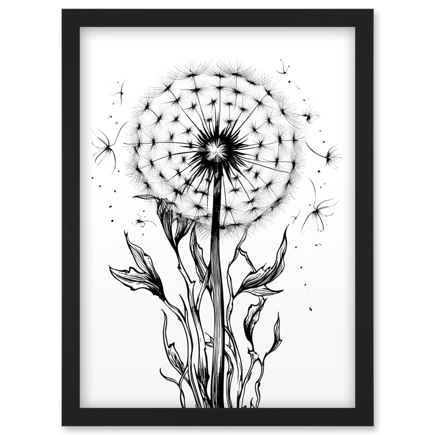 Artery8 Dandelion Flower Seed Black and White Rockabilly Americana 50s Artwork Framed Wall Art Print A4