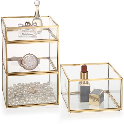 Miniatura 6 de Hipiwe Joyero de cristal dorado de 4 niveles, apilable, organizador de baratijas, caja de vidrio decorativa, soporte para puntas de Q, soporte de